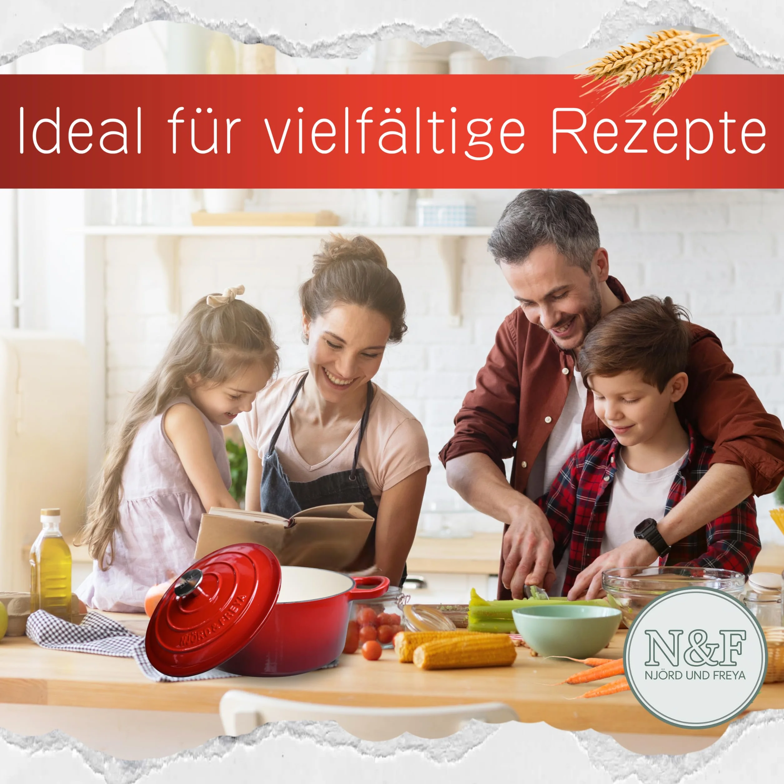 Njörd & Freya Garnek do duszenia, żeliwny garnek do pieczenia z pokrywką, garnek do pieczenia z żeliwa, emaliowana powłoka, nadaje się do wszystkich rodzajów kuchenek i płyt indukcyjnych, średnica 24