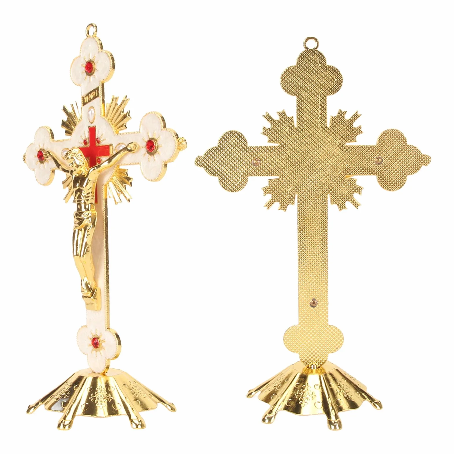 Fockety Stojący Krzyż Znakomity Metalowy Krzyż Stojący Elegancki Retro Retro Krzyż Krzyż Czerwony Rhinestone Dekoracji Z Podstawą Katolicki Krzyż Jezusa Długotrwały