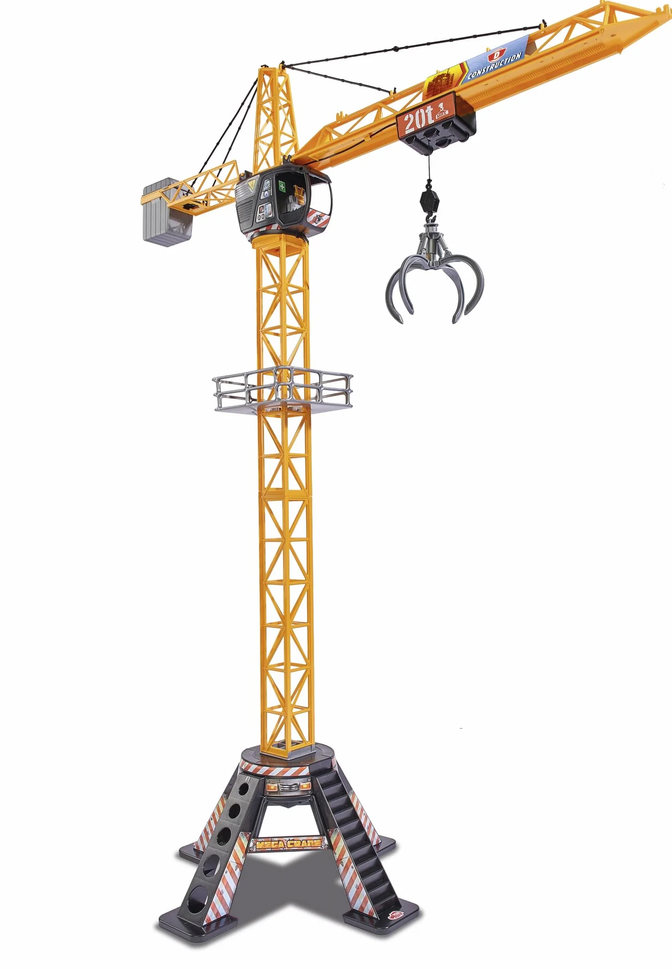 Dickie Toys 201139012 Mega Crane Sterowany Dźwig elektryczny 120 cm, obrotowa kabina o 360°, ramię z chwytakiem, platforma załadowcza, żuraw do zabawy wewnątrz i na zewnąrz dla dzieci od 3 lat