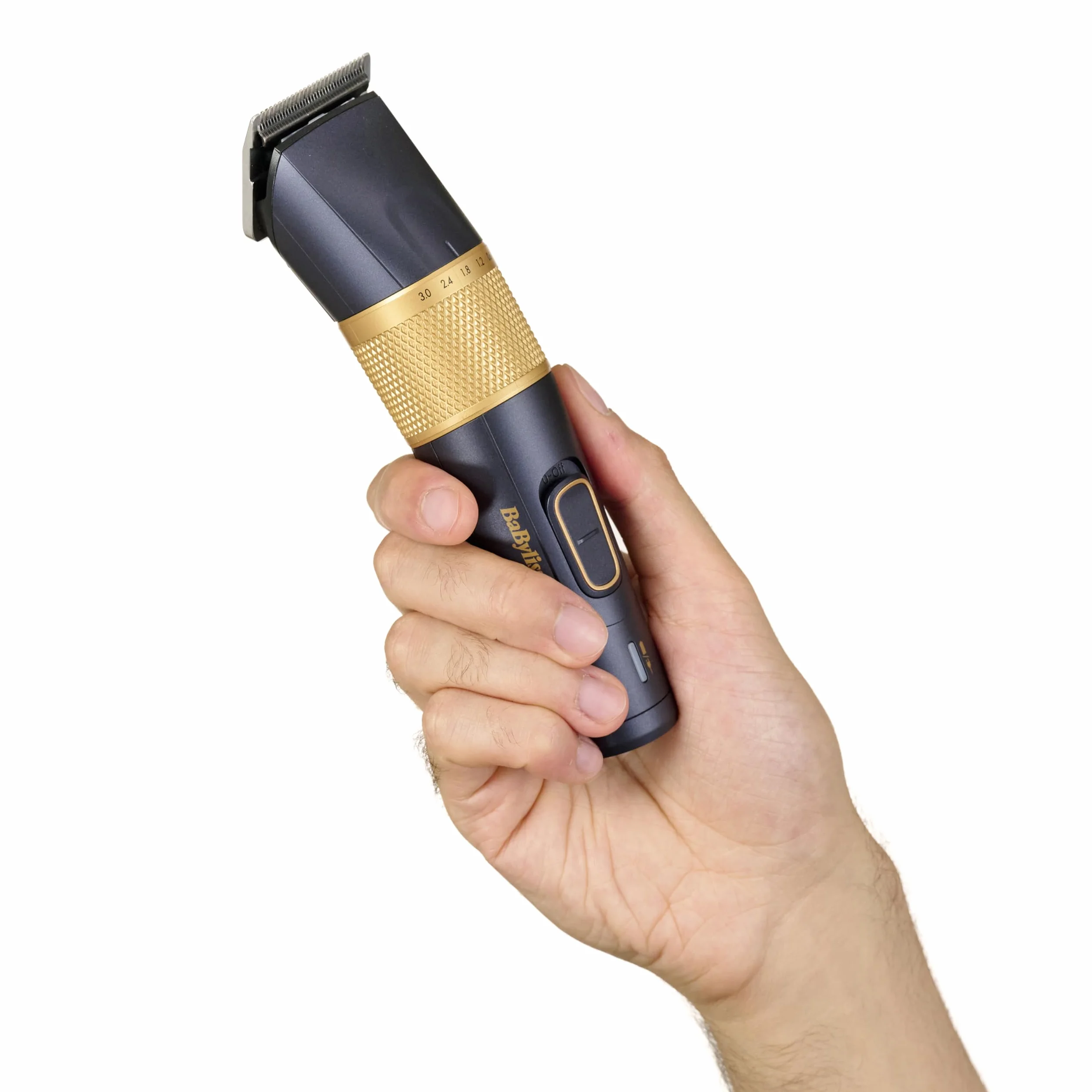 Maszynka do strzyżenia włosów BaByliss Lithium Performance — bezprzewodowa, profesjonalna wydajność, 45 ustawień długości (0,6–28 mm), bateria litowa, ciemnoniebieska/złota, E986E