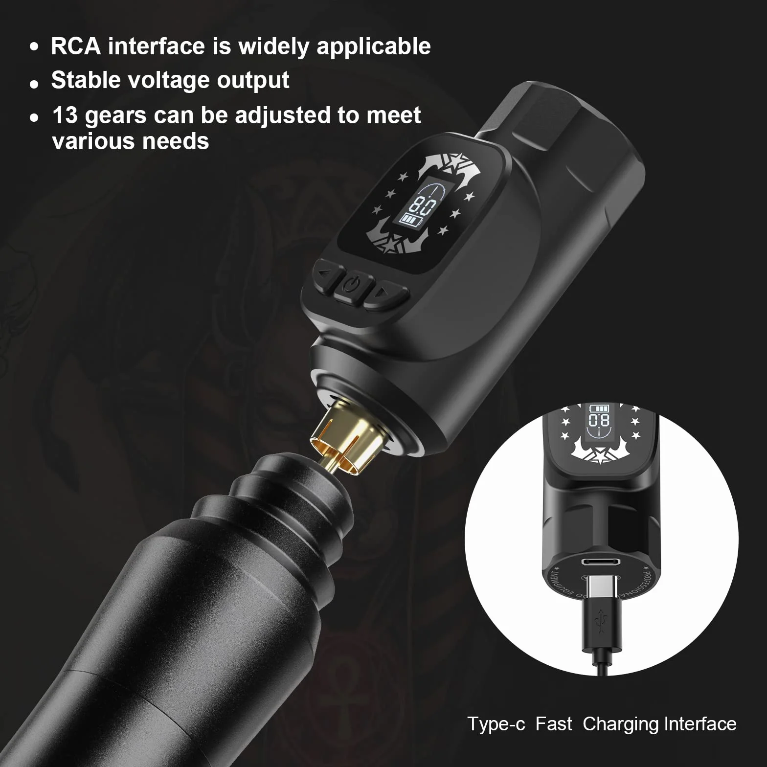 HAWINK Bezprzewodowy zestaw do tatuażu obrotowy pistolet z zasilaczem LCD 3,7 V 1600 mAh 7 atramentów