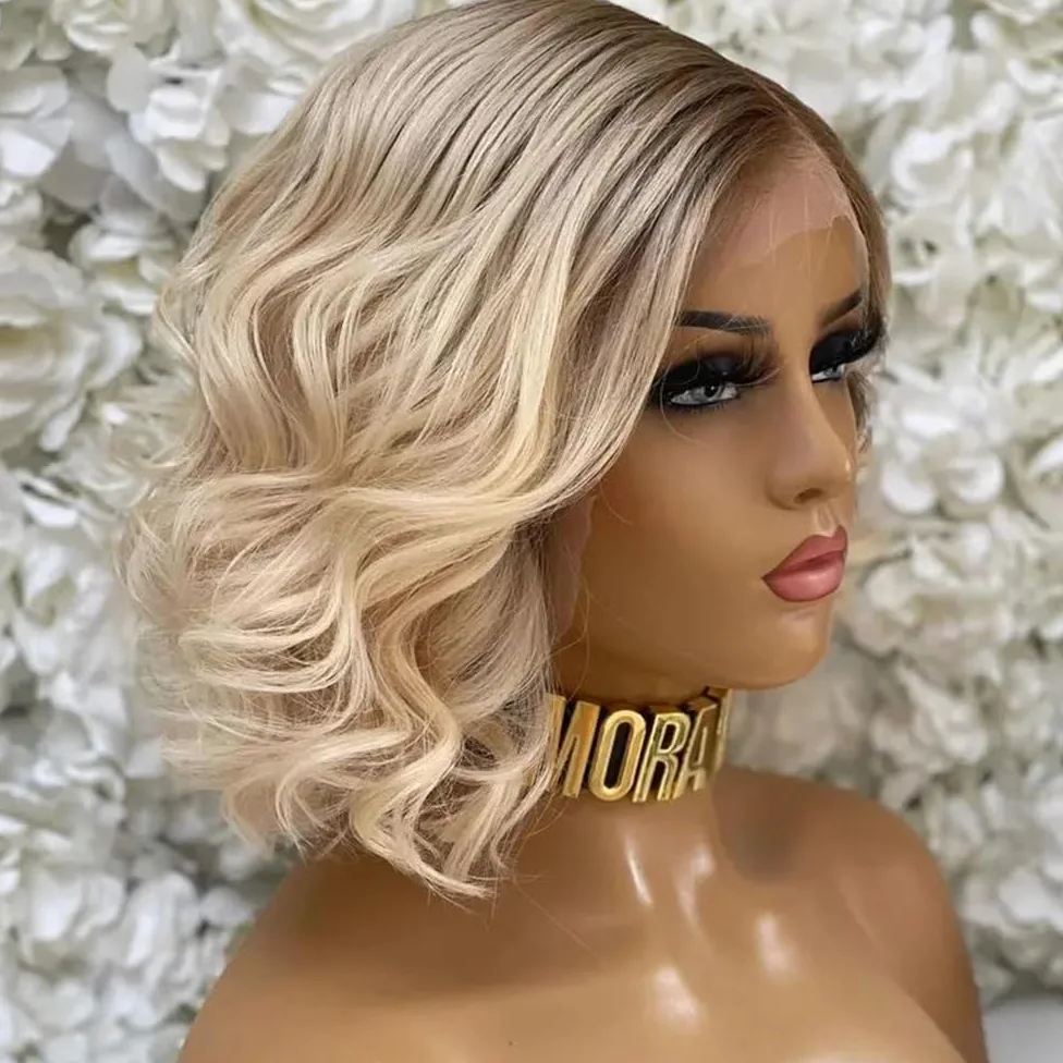 Ombre blond peruki damskie falowane peruki do ramion z linią włosów koronkowe wstępnie przycięte, środkowa część naturalna syntetyczna efekt naturalny i obszerna (14 cali)