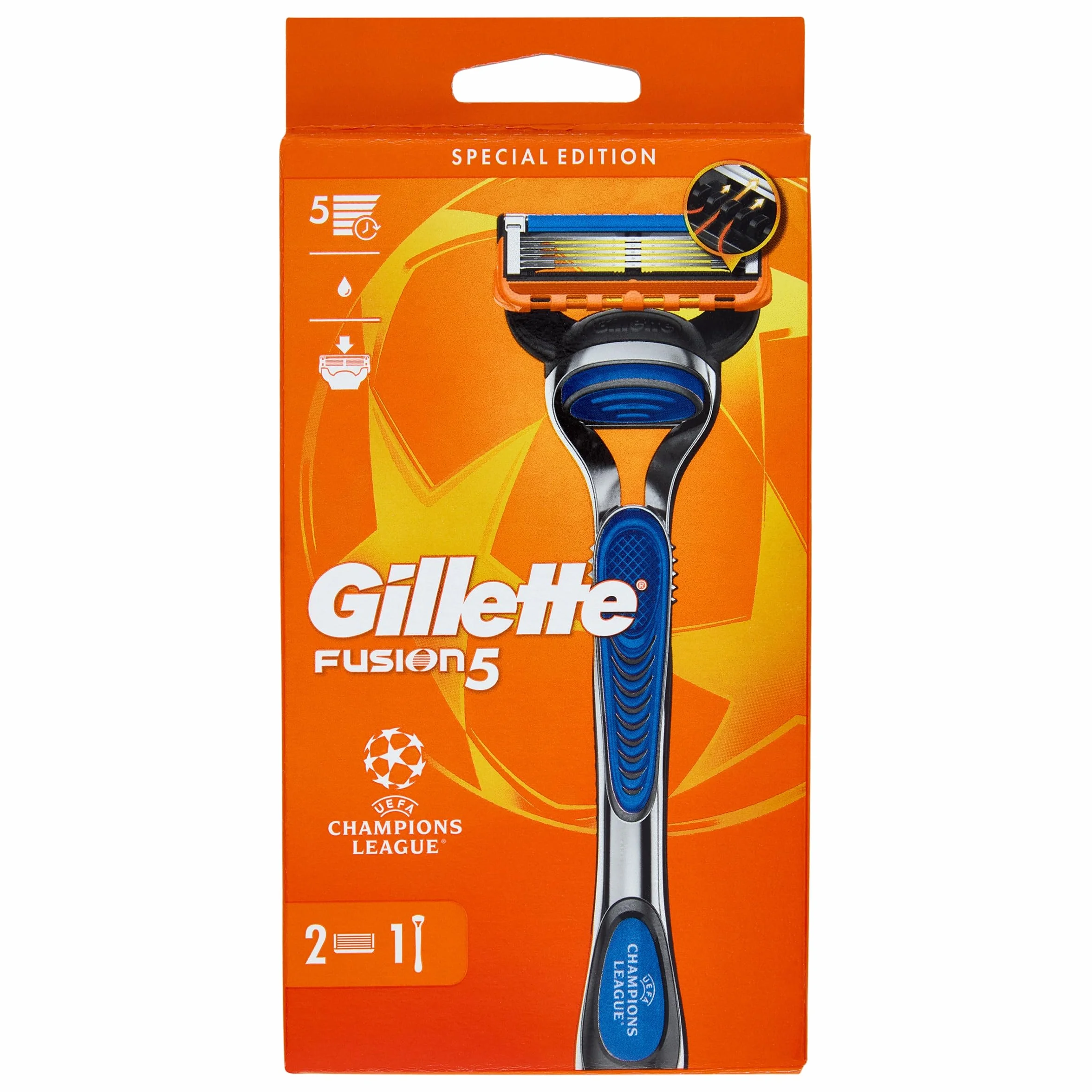 Gillette Golarka męska Fusion5, uchwyt i 2 wkłady z 5 ostrzami, precyzyjne ostrze do trudnych obszarów, taśma smarowa do płynnego ślizgania twarzy, 1 napełnianie 20 goleniem