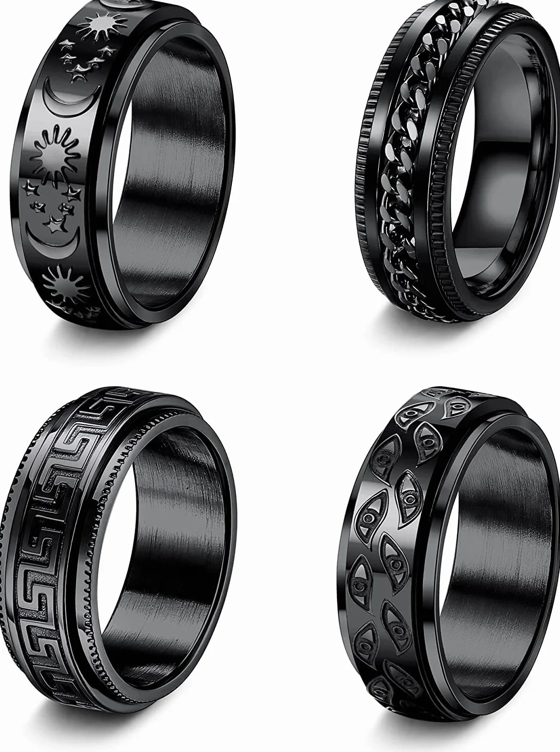 LOLIAS Zestaw 4 czarnych obrączek typu spinner dla kobiet i mężczyzn, ze stali nierdzewnej zestaw z motywem słońca, księżyca gwiazd, z łańcuszkiem, oczami, na zaręczyny, obrączka dla par