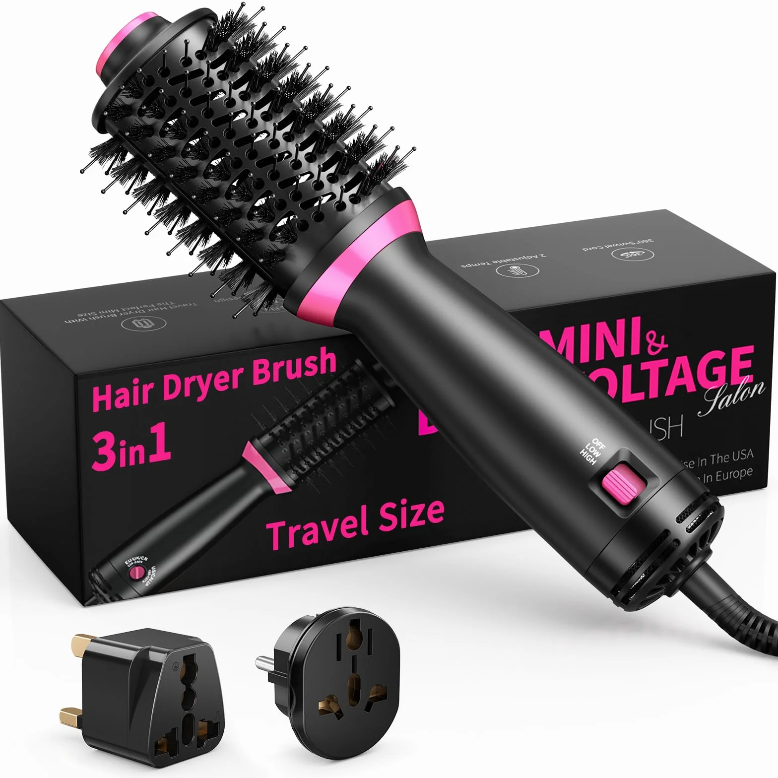 3w1 podwójne napięcie One-Step Ionen Hair Dryer Brush, Szczotka do włosów na gorące powietrze,przenośna Szczotka do suszarki z 2 prędkościami,Szczotka do stylizacji zwiększająca objętość włosów