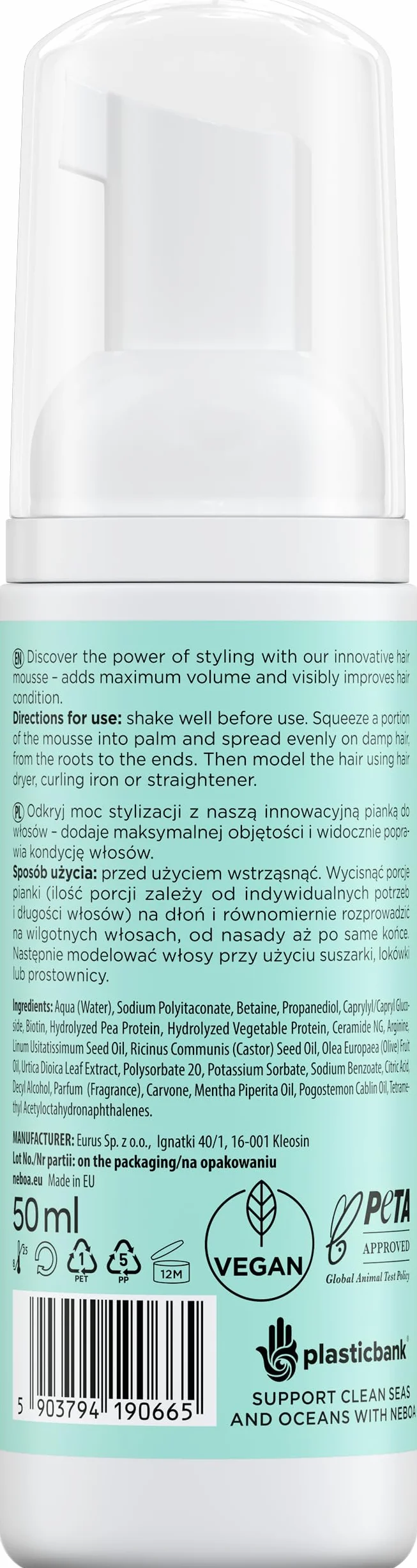 Neboa Pianka do Stylizacji Włosów, Extra Volume, 50 ml, 24-godzinne Utrwalenie, Wegańska