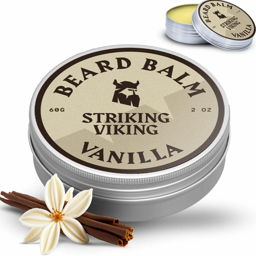 Striking Viking Waniliowy balsam do brody- stylizuje, wzmacnia i zmiękcza brodę i wąsy - naturalny wosk do odżywki do brody z organicznym masłem shea, drzewem herbacianym, olejkami arganowymi i jojoba