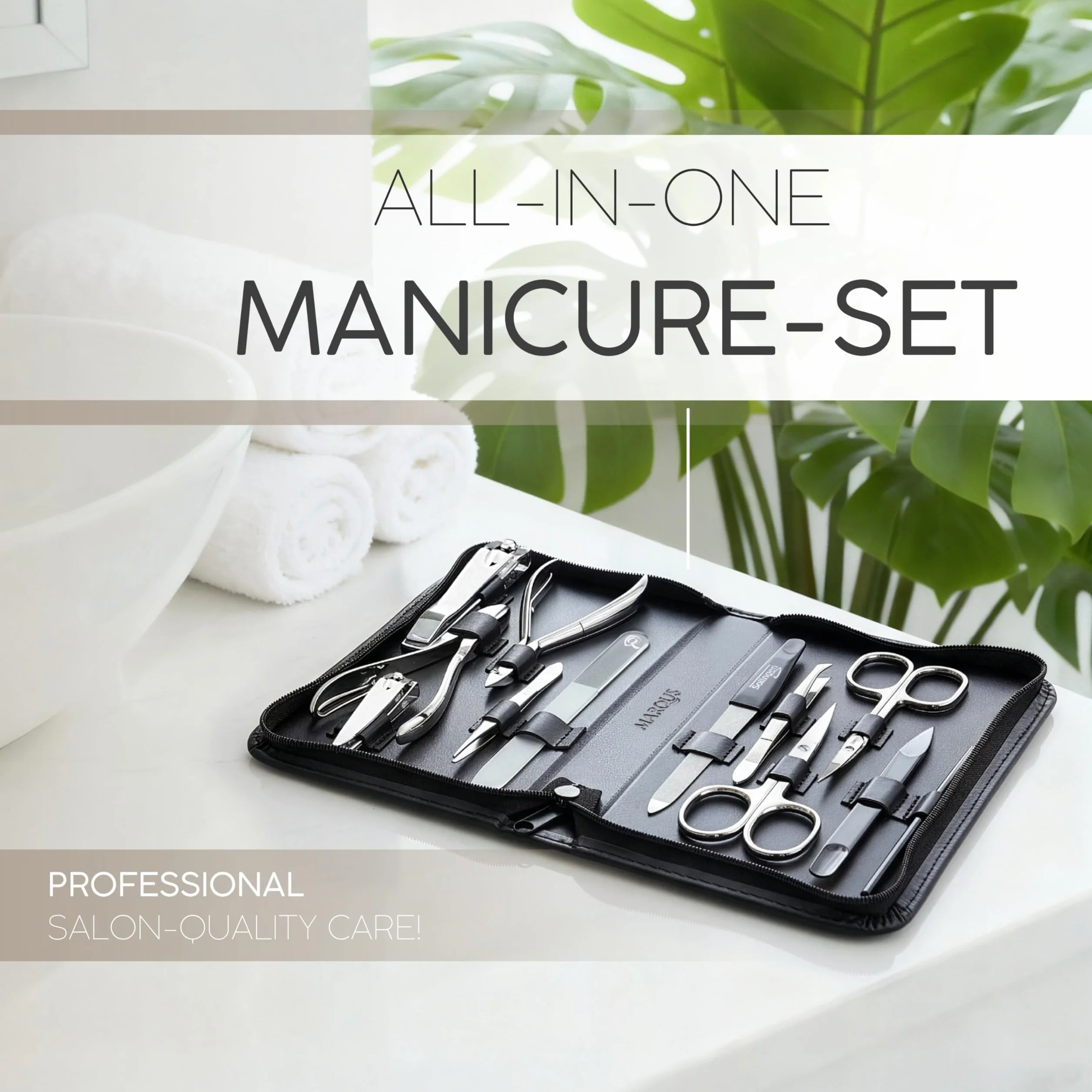marQus Solingen Solingen zestaw do manicure – 12-częściowy zestaw do manicure i pedicure w etui z prawdziwej skóry, poręczny i miękki – kompletny zestaw ze wszystkim do pielęgnacji dłoni i stóp