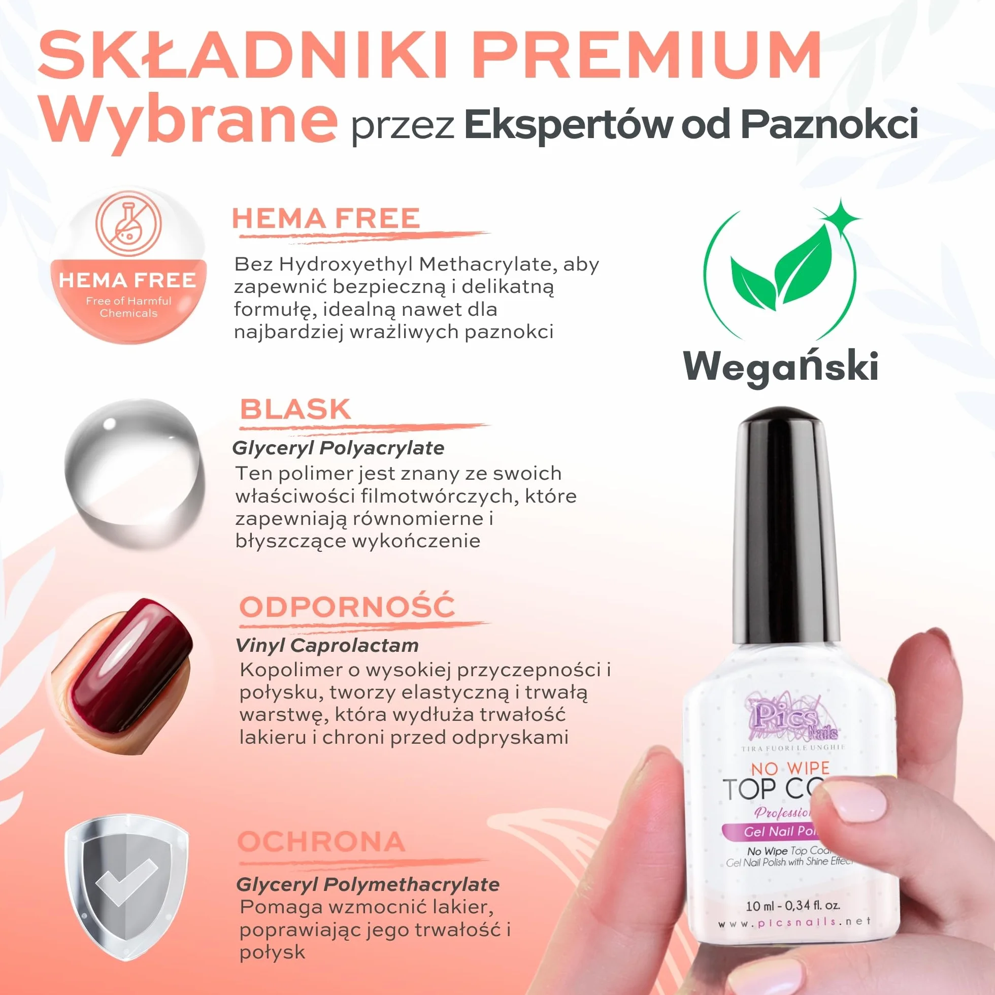 Żelowy lakier do paznokci Top Coat No Wipe 10 ml UV LED przezroczysty uszczelniacz połysk