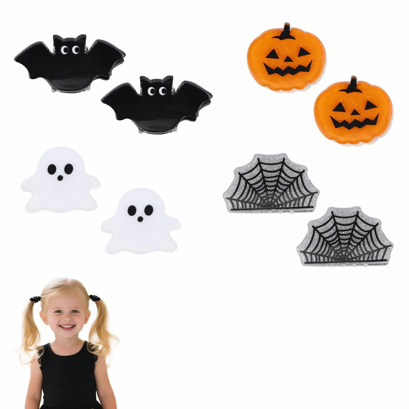 8szt Spinek do Włosów Halloween, Urocze Mini Akcesoria do Włosów z Wzorami Dynia Duch Nietoperz Pajęczyna Spinki Pazurki dla Dziewczynek