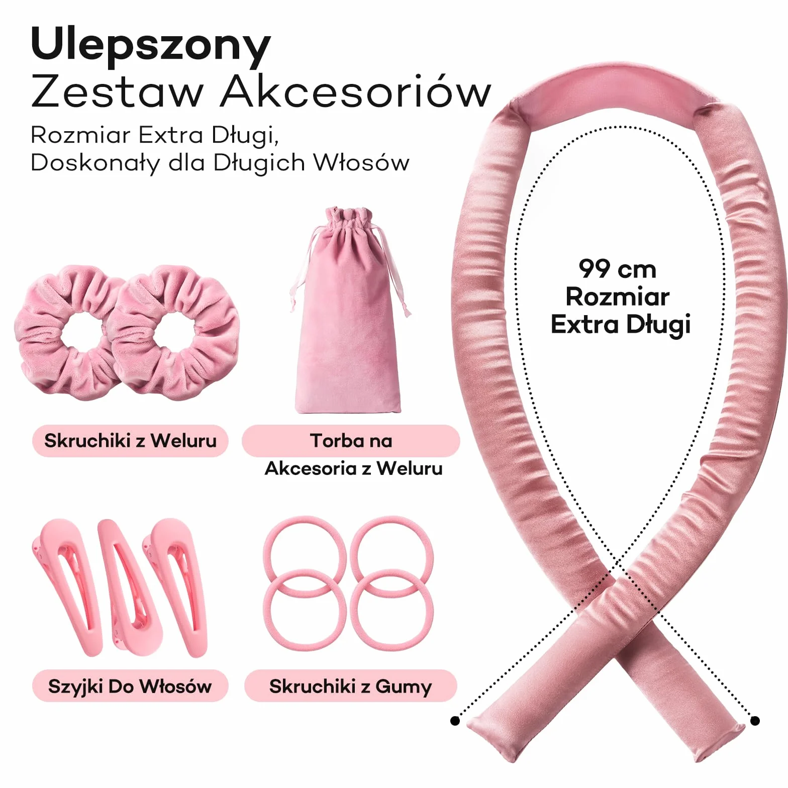 Umisleep Heatless lokówka do włosów, jedwabna ochrona włosów, Heatless Curls z zestawem loków, 99 cm, do samodzielnego wykonania, do długich włosów, antypoślizgowe loki, różowa