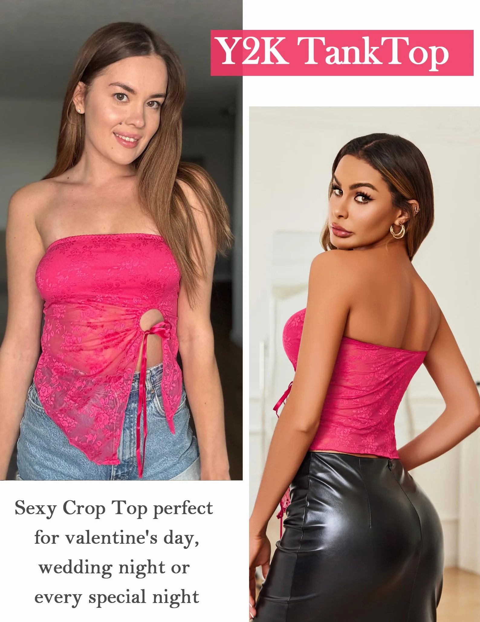 Avidlove Damski top koronkowy na lato, bez rękawów, seksowny podkoszulek typu Camisole, swobodny, bez ramiączek, bandeau, spaghetti, koronkowy top Y2k Basic