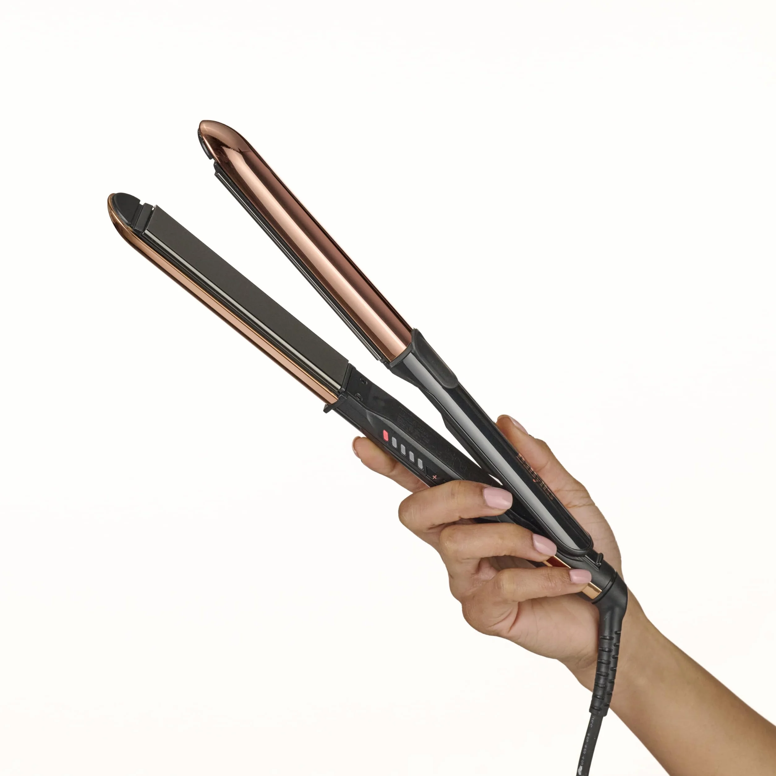 Prostownica BaByliss Straight And Curl Brilliance - wygładzające płytki tytanowe, jonizacja, szybkie nagrzewanie w 15s, zakrzywiona metalowa konstrukcja, 5 ustawień temperatury do 235°C, ST482E