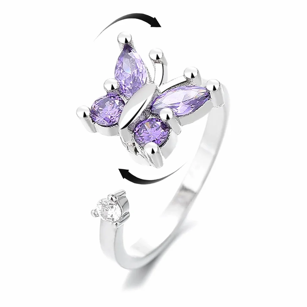 Ametyst motyl Fidget pierścionki lękowe dla kobiet dziewcząt fioletowy CZ obracają się swobodnie inspiracje spinner, ulga stresu, otwarte, układanie w stos, pierścień na palec, wieczność, obietnica,