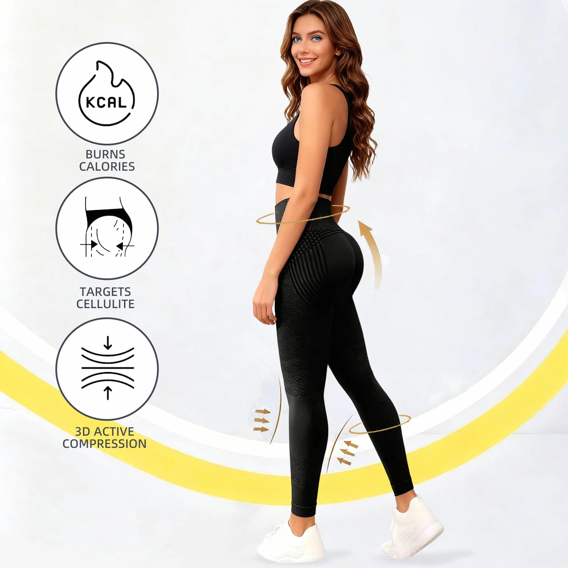 Legginsy antycellulitowe, damskie legginsy sportowe, długie, kompresyjne, pośladki, push-up, nieprzezroczyste, do jogi, pilatesu