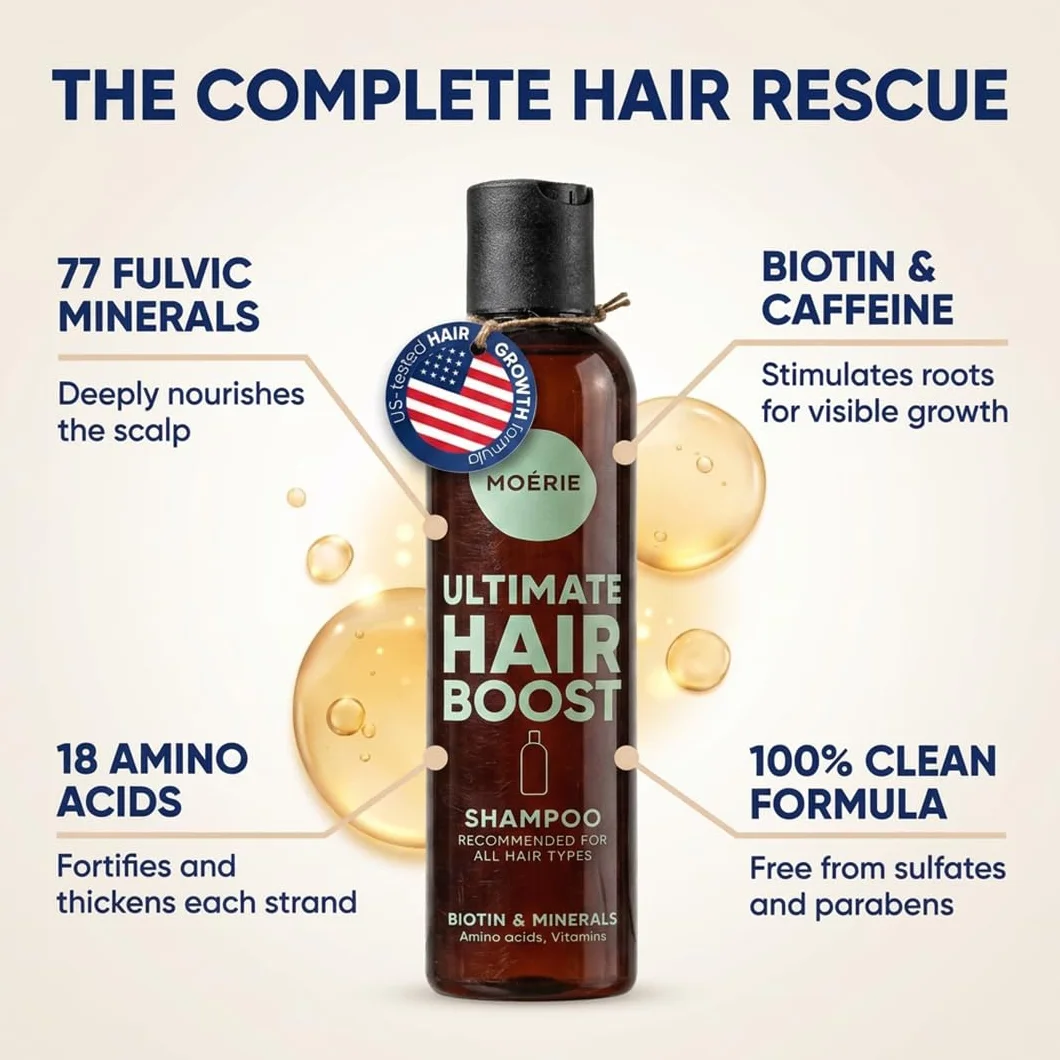 Moerie Ultimate Hair Growth Shampoo – dla dłuższych, grubszych, pełnych włosów, wegańskie, bez parabenów i silikonu