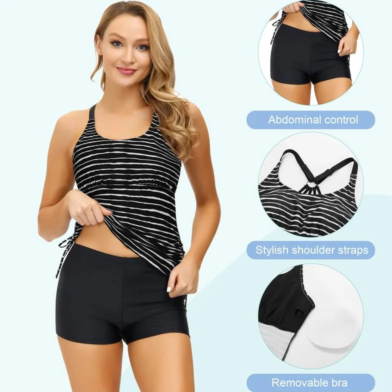 JASAMBAC Tankini damski dwuczęściowy kostium kąpielowy, wyszczuplający brzuch, tankini, górna część i wysoki stan, szorty kąpielowe, z regulowanymi szelkami, sportowy strój plażowy