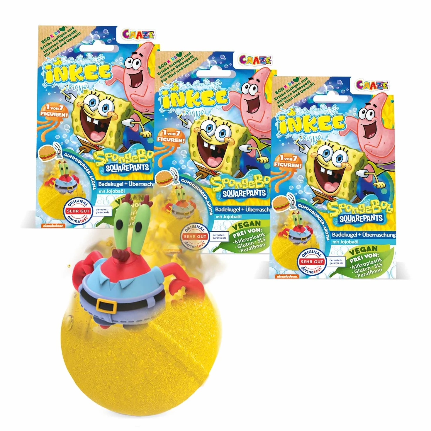 INKEE SpongeBob Zestaw 3 Sztuk – Bomby do Kąpieli dla Dzieci z Niespodzianką – Figurki SpongeBoba Kanciastoportego do Kolekcjonowania – 3x Kule 80g z Aromatem Burger-Gumy