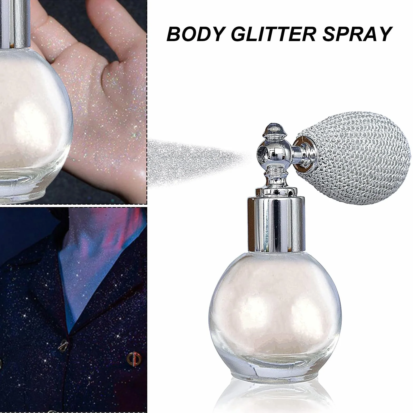 Brokatowy spray do twarzy i ciała, błyszczący lakier do włosów, błyszczący lakier do włosów, brokatowy spray do włosów i ciała, rozświetlacz, brokatowy spray w sprayu, na festiwal, imprezę, srebrny