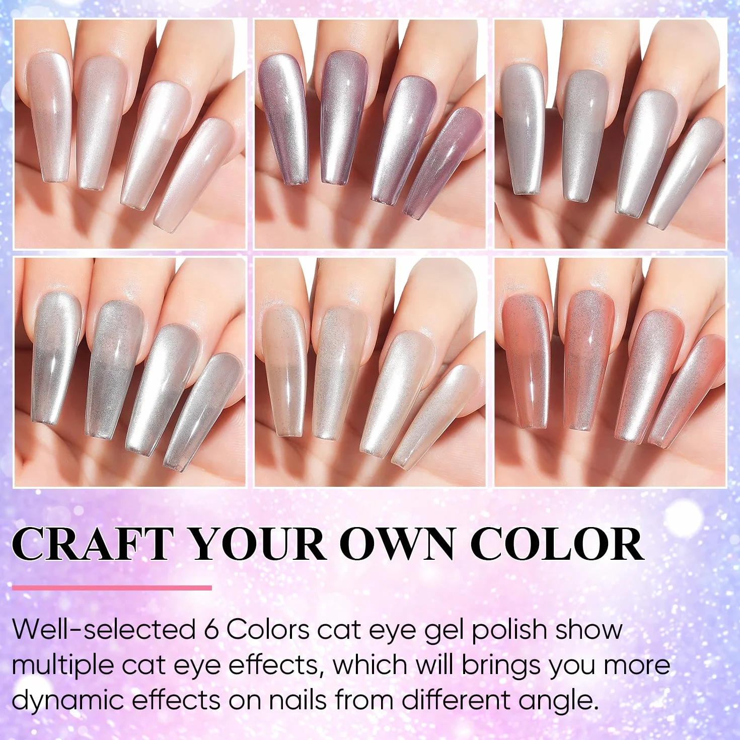 AIMEILI Cat Eye UV Gel Set - 6 kolorów lakieru do paznokci z magnesem, lakier do paznokci UV Soak Off - 8 ml, 6-62