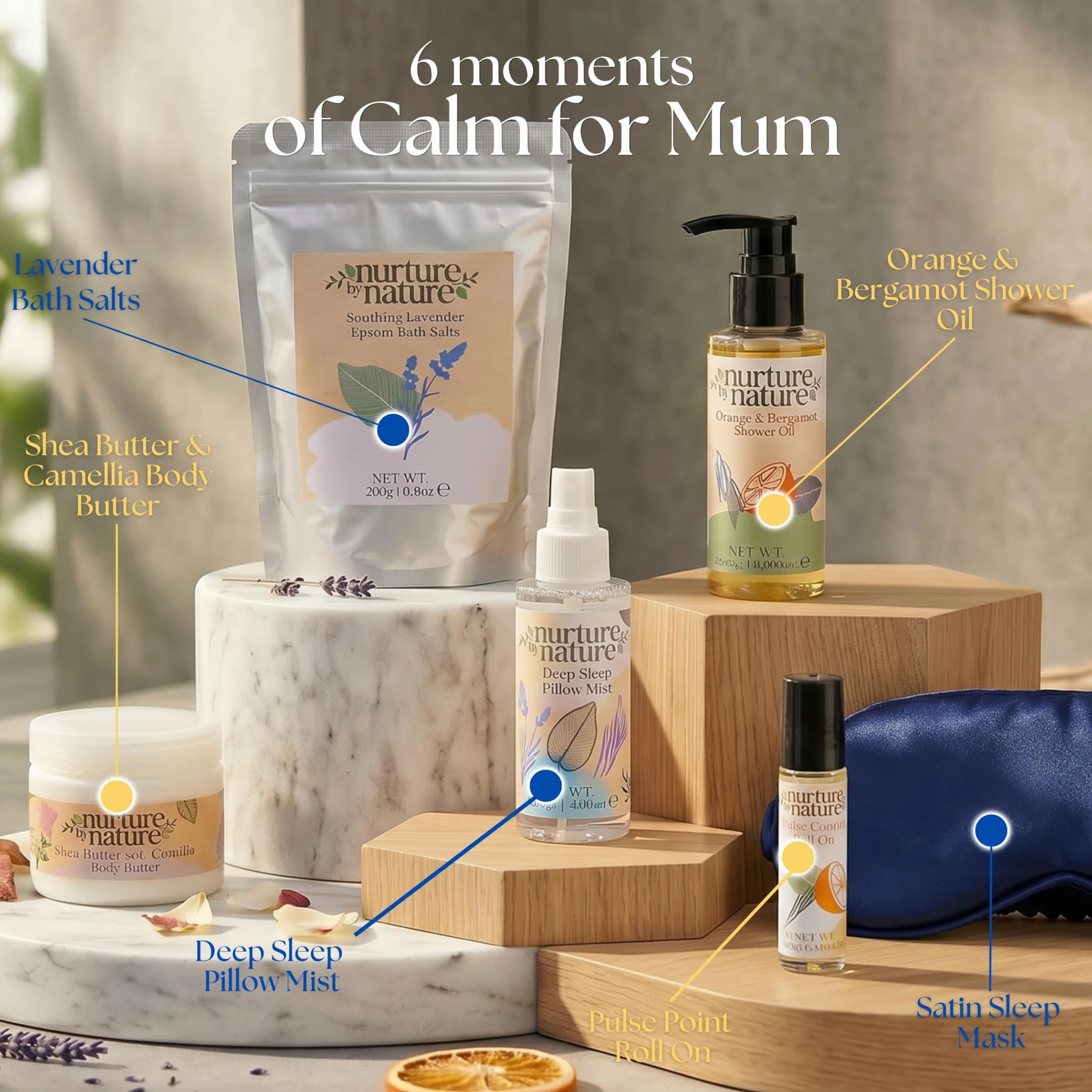 Nurture by Nature Moment for Mama Gift Set Body Butter Shower Oil Essential Oil Roll on Epsom Bath Salts Silk Eye Mask Pregnancy Gift