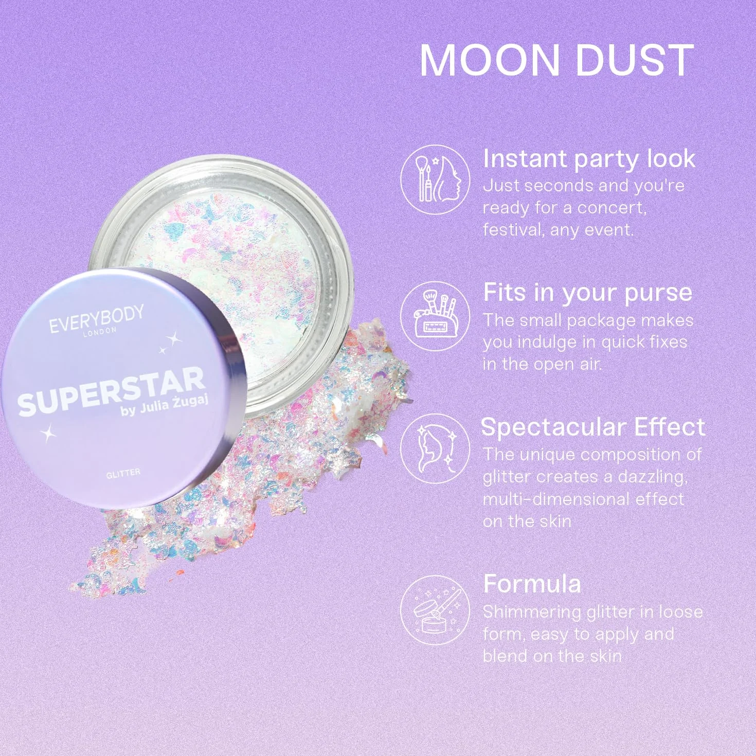 EVERYBODY LONDON Glitter Pot Brokat w Żelu do Twarzy i Ciała Opalizujący Efekt Makijaż festiwalowy wieczorowy Brokat holograficzny