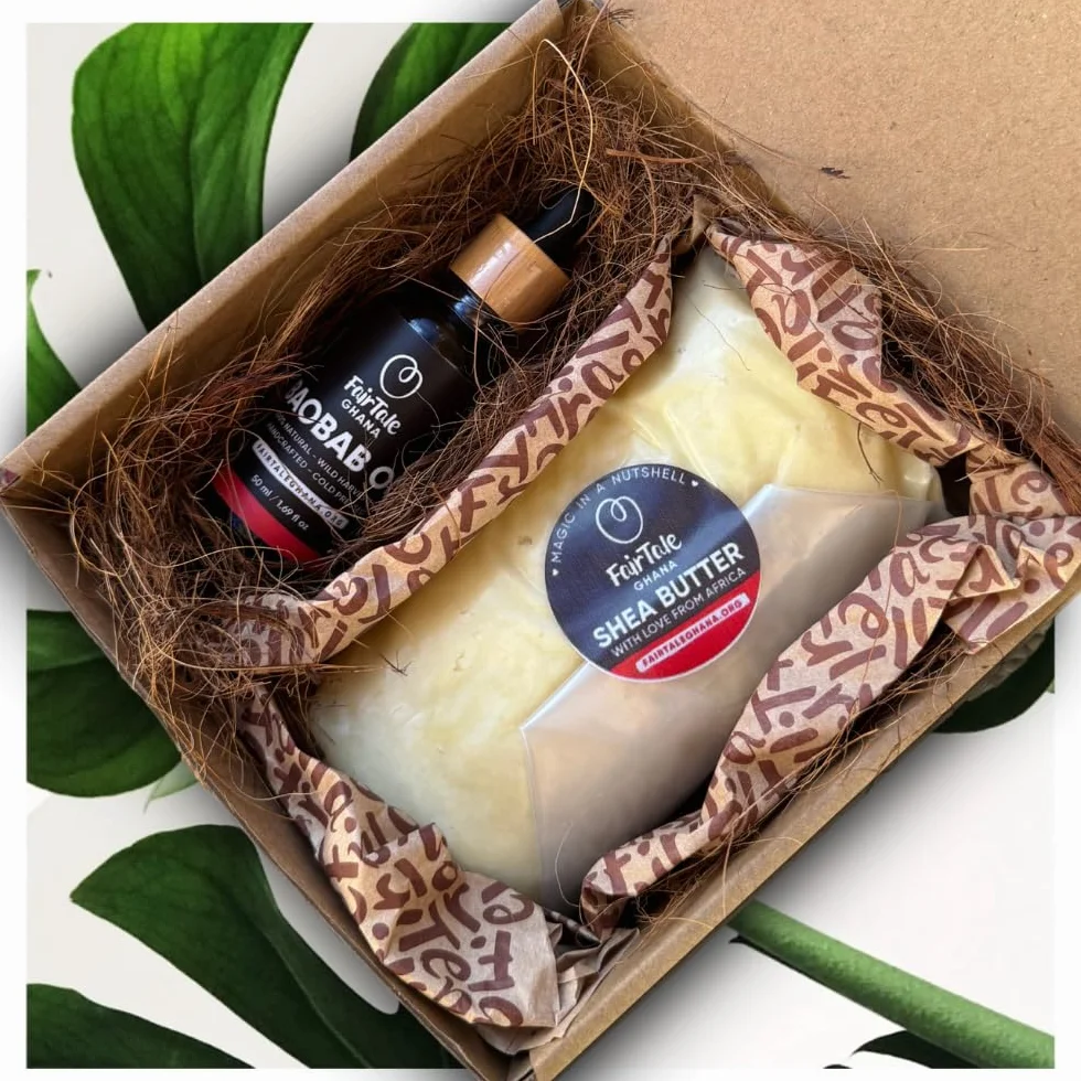FairTale GHANA Raw African Shea Butter 16oz 450g + Baobab Oil 1.69 fl oz 50ml Set