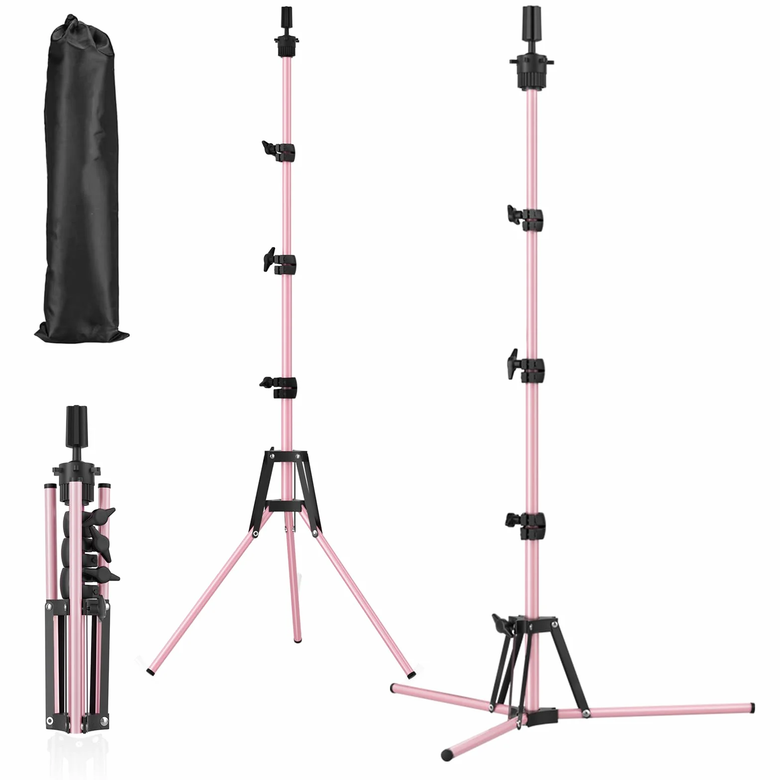 Stojak Na Perukę, Głowa Manekina, Z Torbą Transportową, 20"/50 cm - 63"/160 cm, Regulacja Wysokości, Ulepszona, Wzmocniona Stal Nierdzewna, Do Głowy Manekina, Głowy Lalki Do Włosów(Różowy)