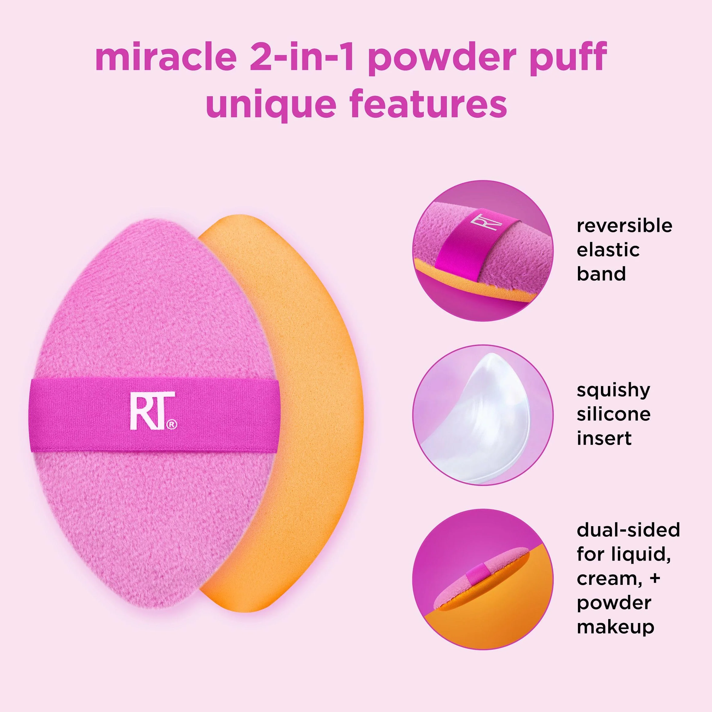 Real Techniques Miracle 2 w 1 pudru + etui podróżne, dwustronna opaska do mieszania makijażu, elastyczna taśma, precyzyjna gąbka do makijażu i pudru, do płynów, kremów i proszków, etui podróżne, 2