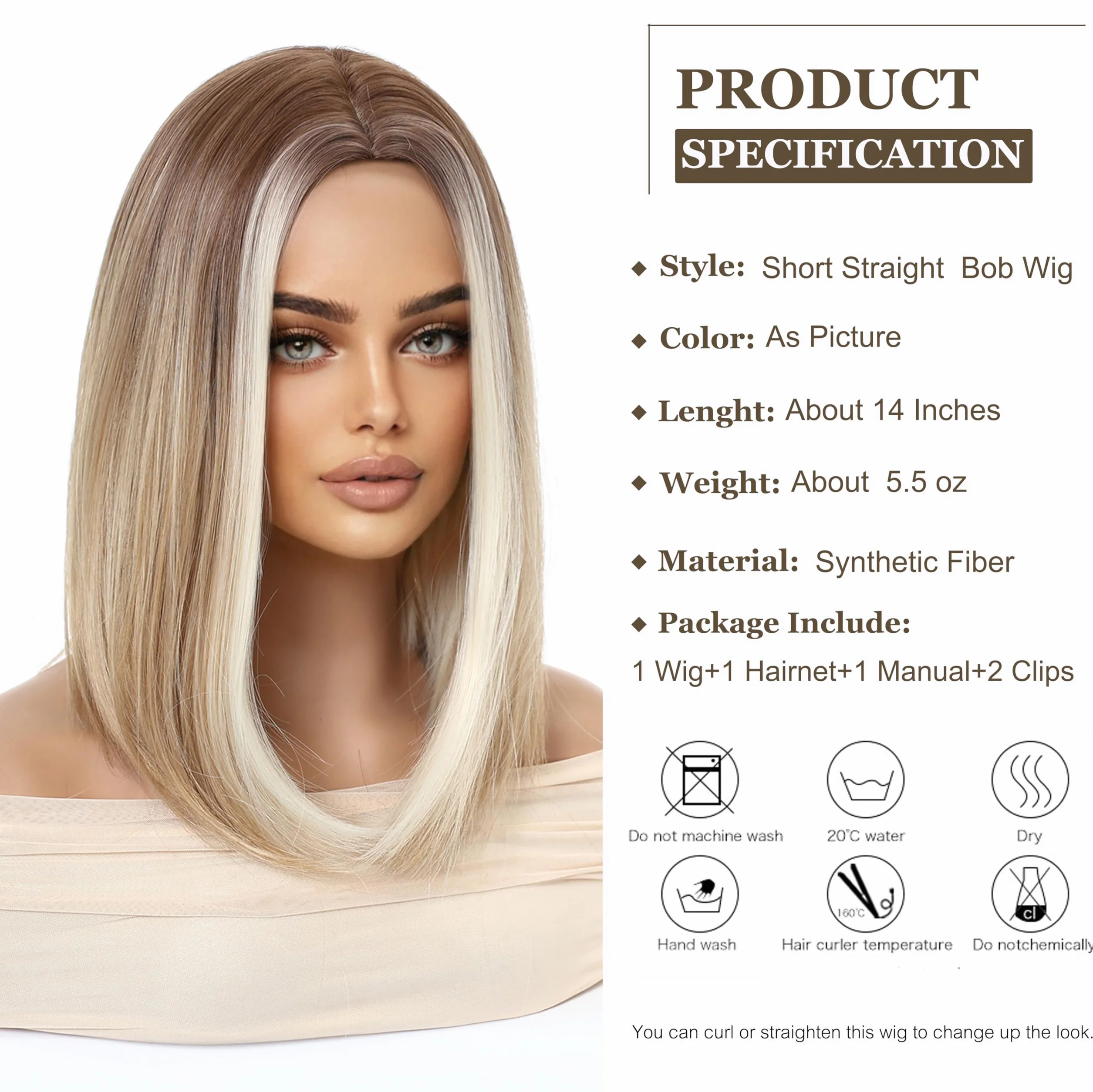 Esmee Krótka Prosta Blond Bob Peruka dla Kobiet Naturalne Syntetyczne Włosy Ombre Peruki z Brązowymi Korzeniami Cosplay Codzienne Użycie Imprezy -14 Cali