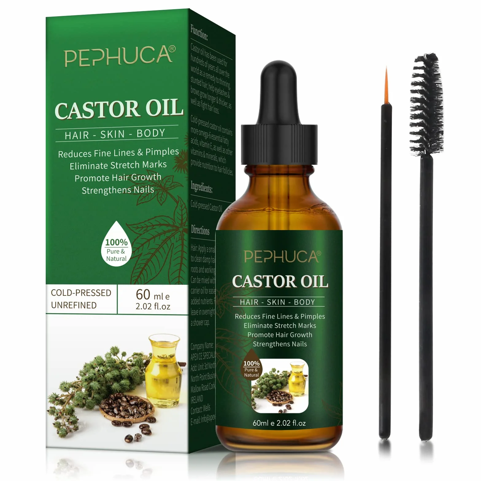 Olej rycynowy – Bio Castor Oil do włosów, rzęs, brwi, brody, paznokci, 100% czysty i naturalnie tłoczony na zimno, stosowany do wzrostu włosów, krem nawilżający i serum do rzęs, 60 ml