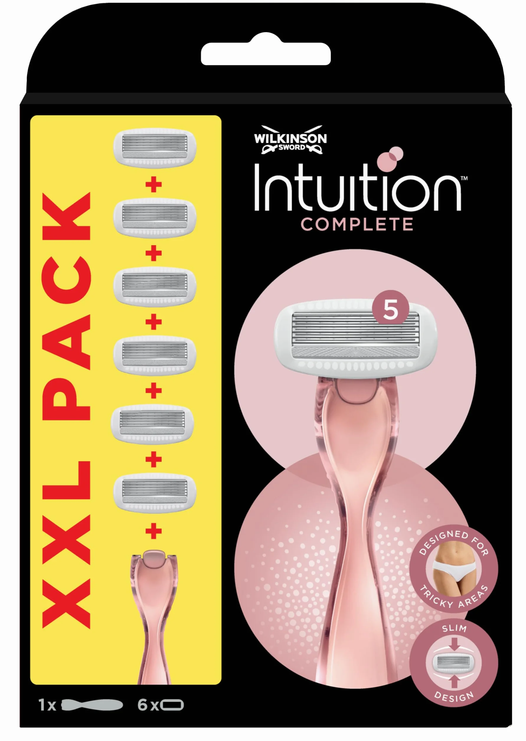 Wilkinson Sword - Intuition Complete XXL Pack - Golarki damskie - zestaw XXL z 1 maszynką do golenia + 6 ostrzami do uzupełniania - zawiera żel do ochrony skóry