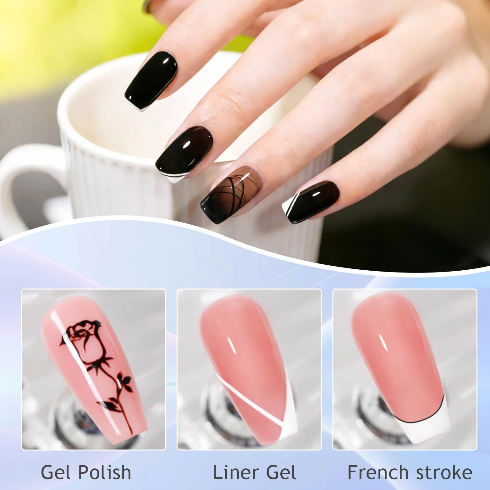 INPING 2 szt. Liner Gel Nail Art, TPO-FREE HEMA-FREE, 2 kolory biały i czarny liniowy lakier półtrwały, lakier żelowy UV, lakier do paznokci, francuski manicure dla początkujących, 8 ml