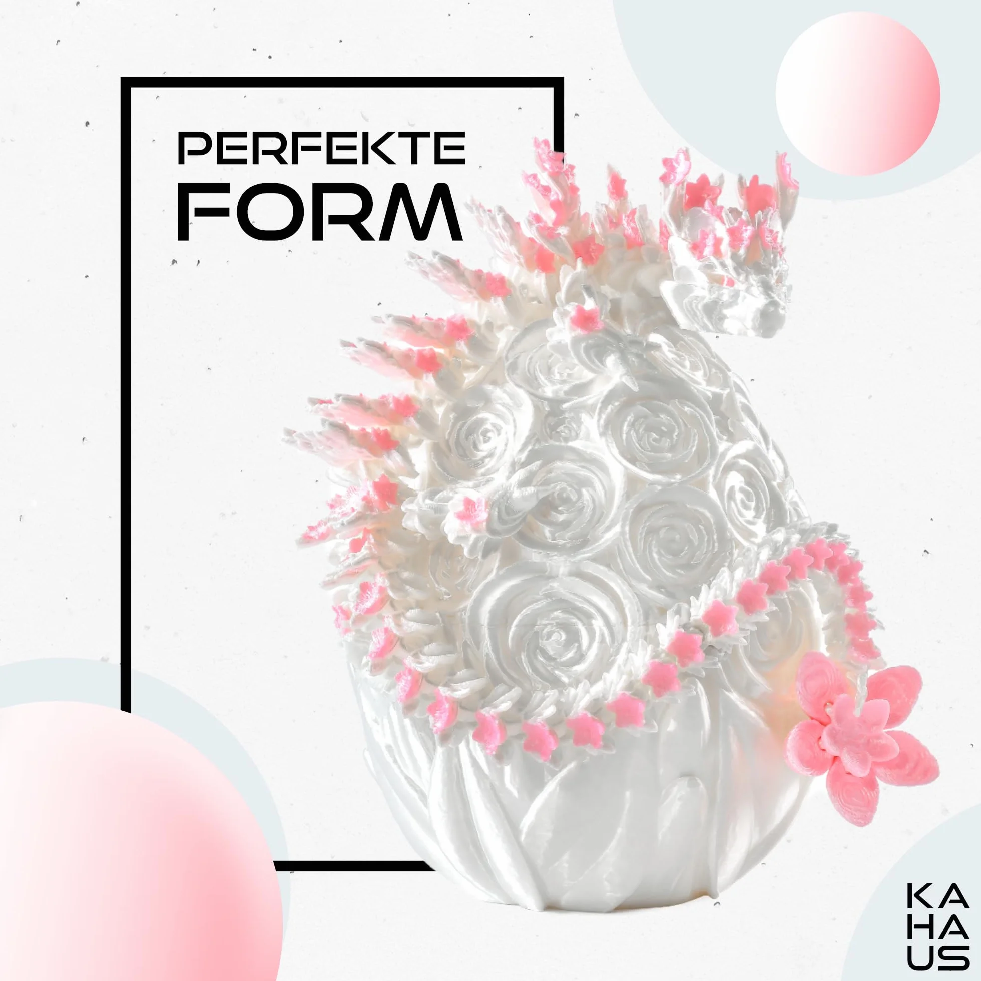 Smok 3D w jajku – 33 cm, figurka dekoracyjna i kolekcjonerska z jajkiem 12 cm, biało-różowy smok fantasy z kwiatem, ruchoma figurka kolekcjonerska