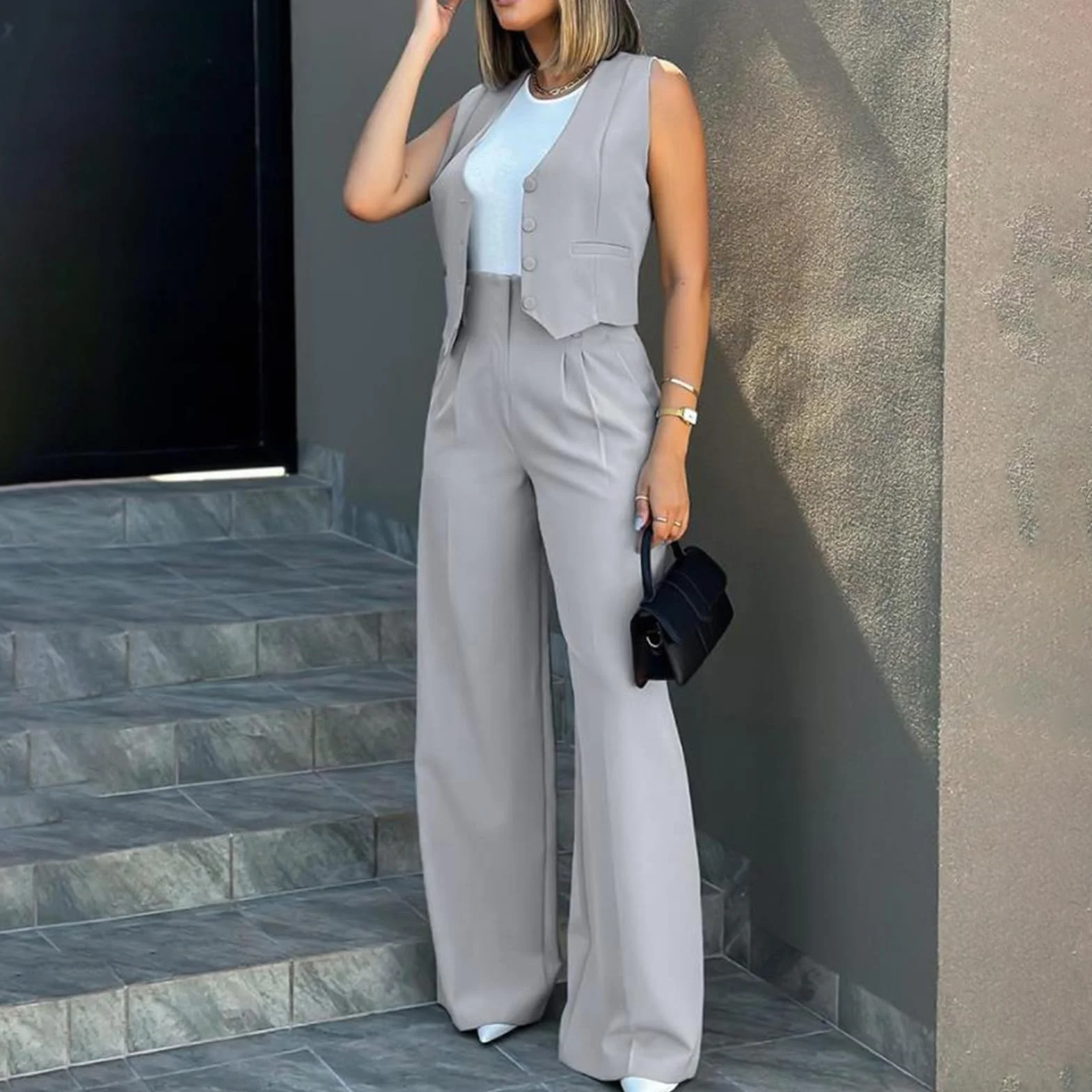 Kamizelka damska garnitur damski spodnie z szerokimi nogawkami z kamizelką bez rękawów jednolity kolor wysoka talia elegancka damska workowate spodnie zestaw casual streetwear