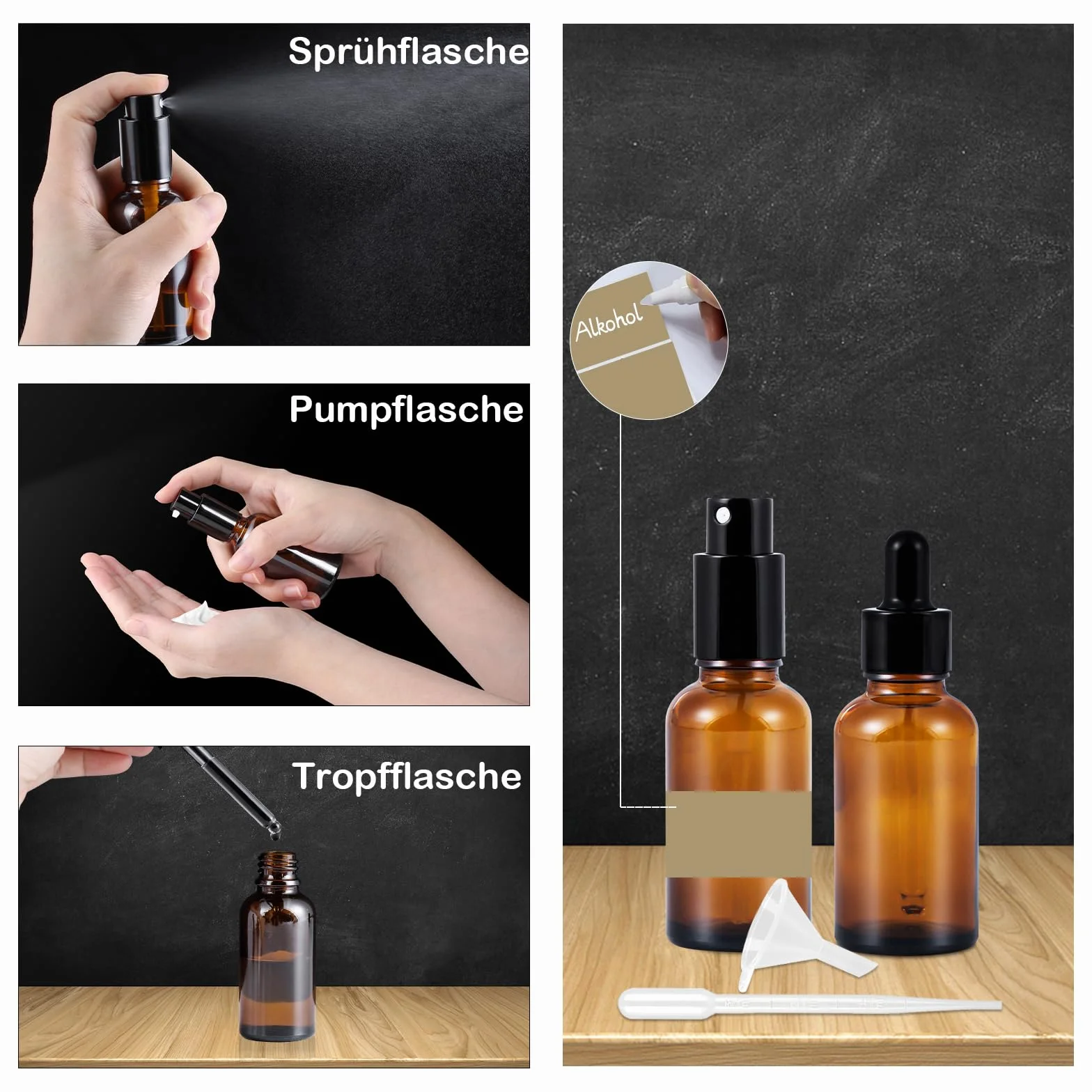 6 Sztuk 30ml Brązowa Szklana Butelka Zestawem Pipet, Ze Szklanym Spryskiwaczem, Butelką Balsamem, Butelką Kroplomierzem, Pipetą, Małym Lejkiem -Do Napełniania Produktów Do Pielęgnacji Skóry