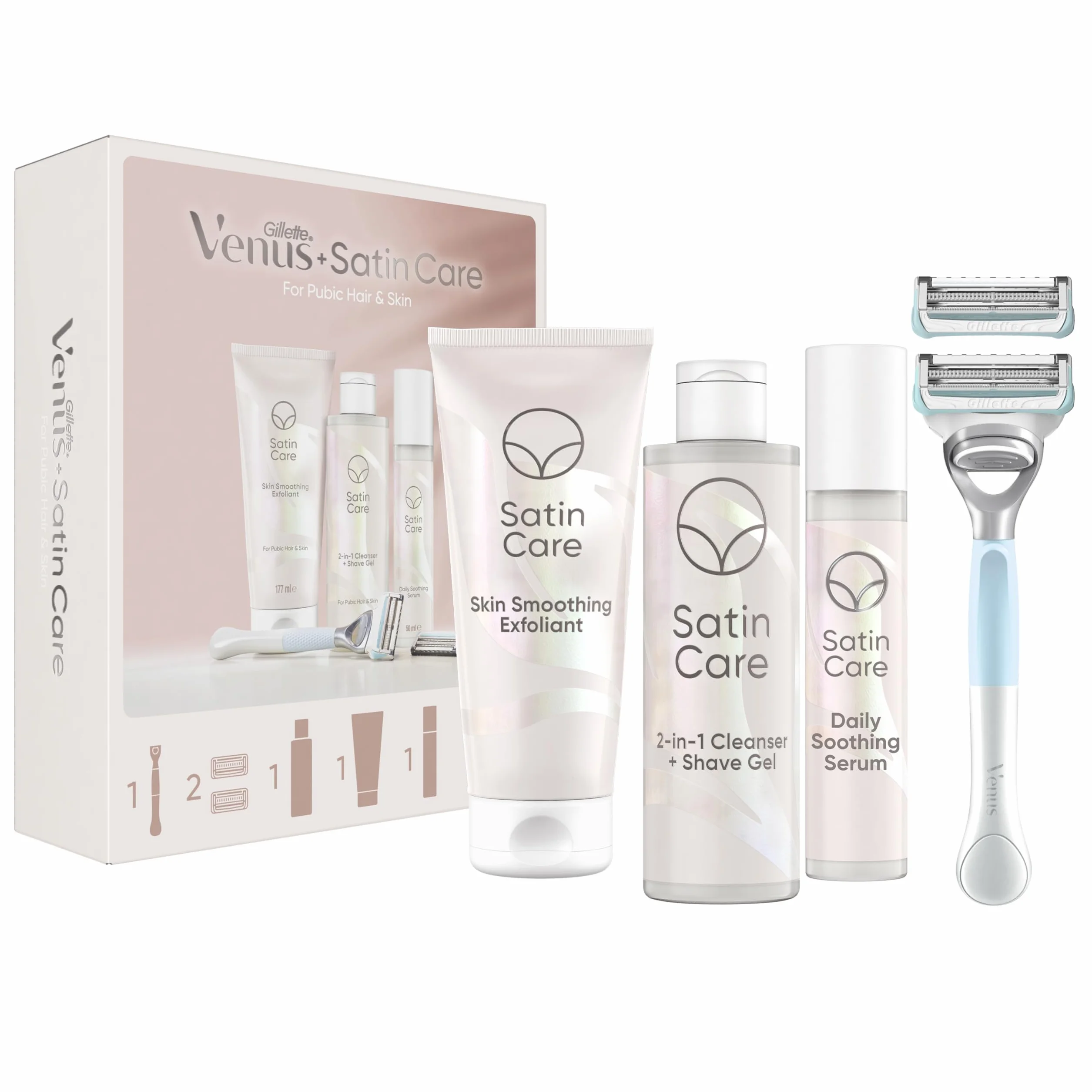 Gillette Venus + Satin Care golarka do okolic intymnych dla kobiet i zestaw prezentowy, golarka damska w okolicach intymnych + 2 ostrza do golenia, peeling, żel do czyszczenia i golenia 2 w 1, serum