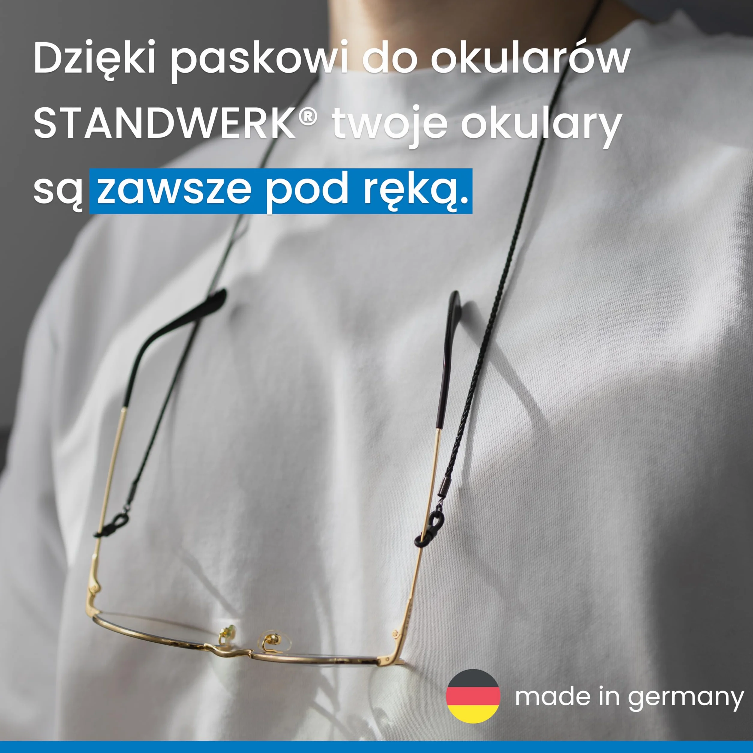 STANDWERK® Pasek do okularów męski [Made in Germany] odporna na promieniowanie UV guma do okularów i materiałowe tasiemki do okularów - wysokiej jakości pasek do okularów - nie zawiera niklu - pasek