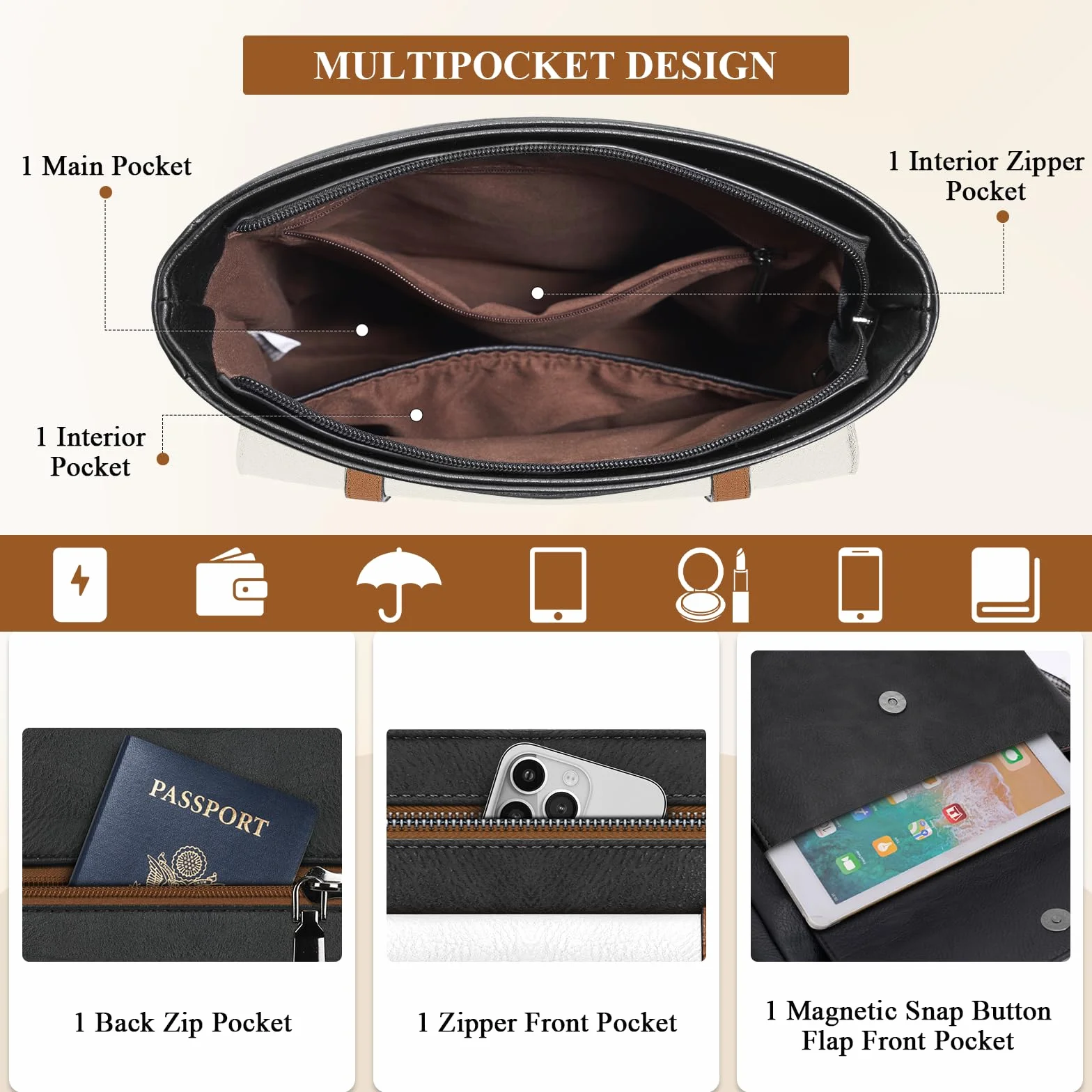 RAINSMORE Torba na ramię Kobiety Torby Na Ramię Torebki Kobiety Wielopunktówki Średnie skórzane torby na ramię Crossbody Torba na zakupy Szkoła Praca Podróże