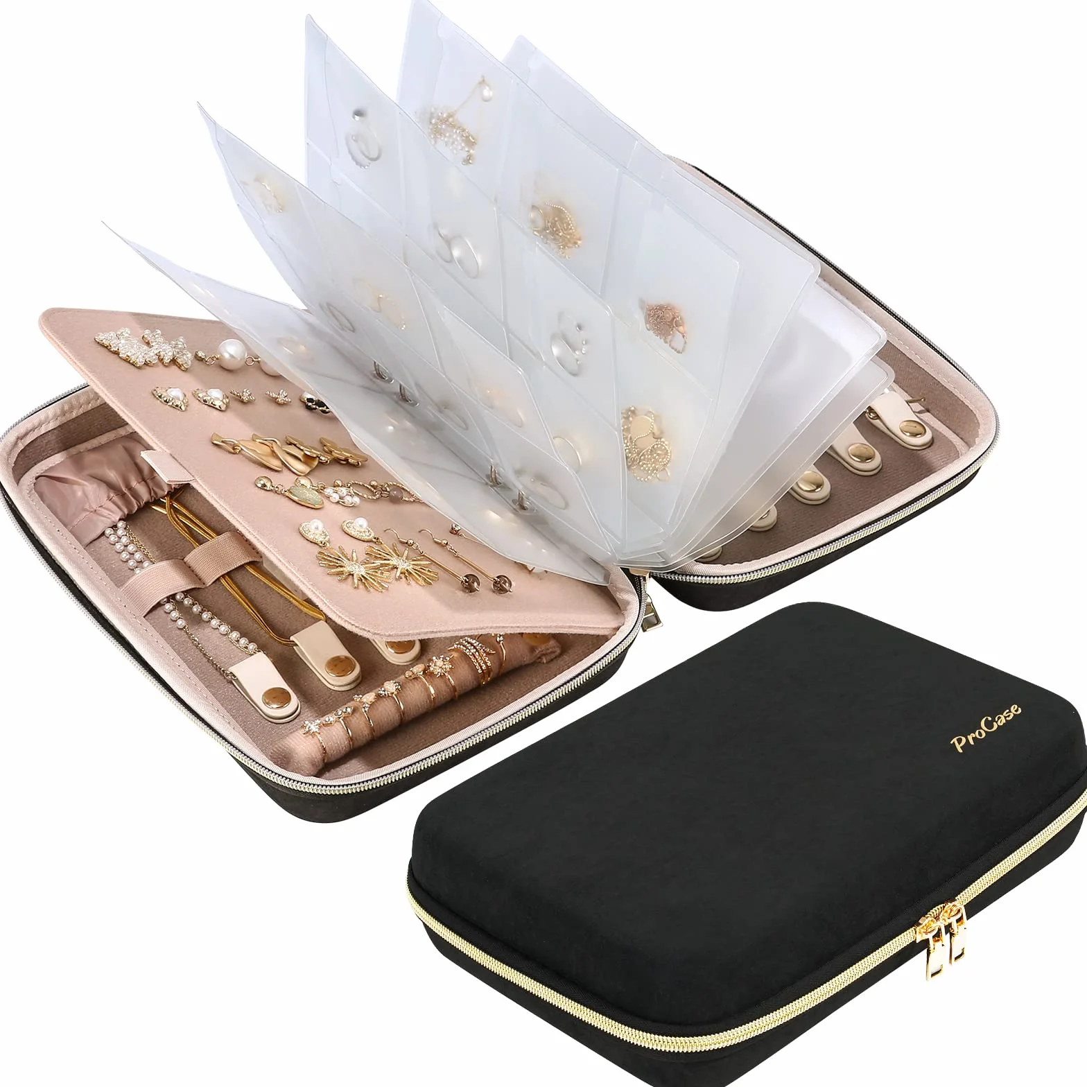 ProCase Pudełko na biżuterię Podróżna torba na biżuterię EVA z przezroczystą kieszenią i zamkami błyskawicznymi, organizer damski na kolczyki, naszyjniki, bransoletki - czarny