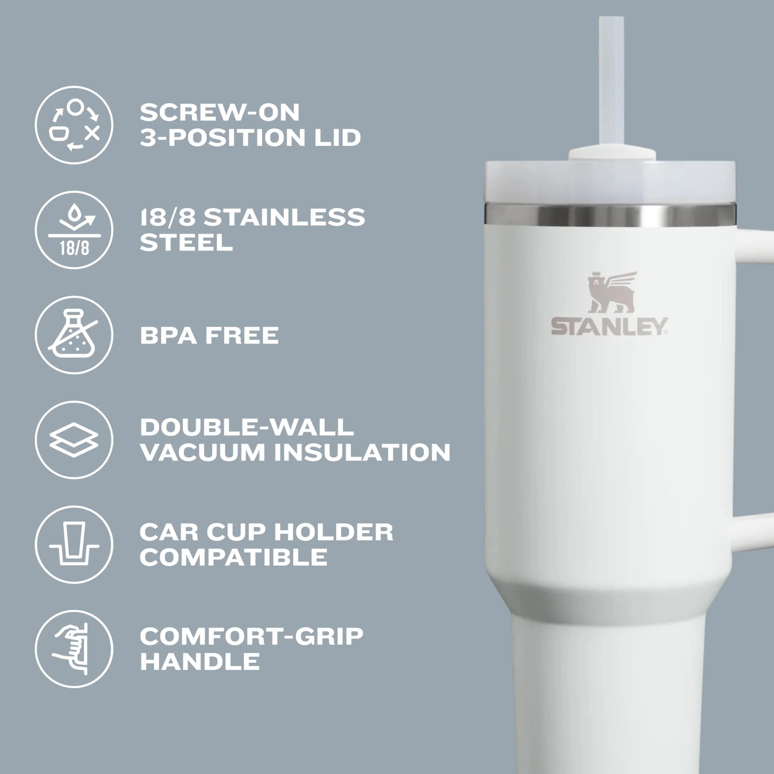 Stanley Quencher H2.0 Kubek ze słomką i 3-drożną zakręcaną pokrywką, kubek próżniowy ze stali nierdzewnej, bez BPA, kompatybilny z uchwytami na kubki podróżne, 414 ml, czarny 2,0