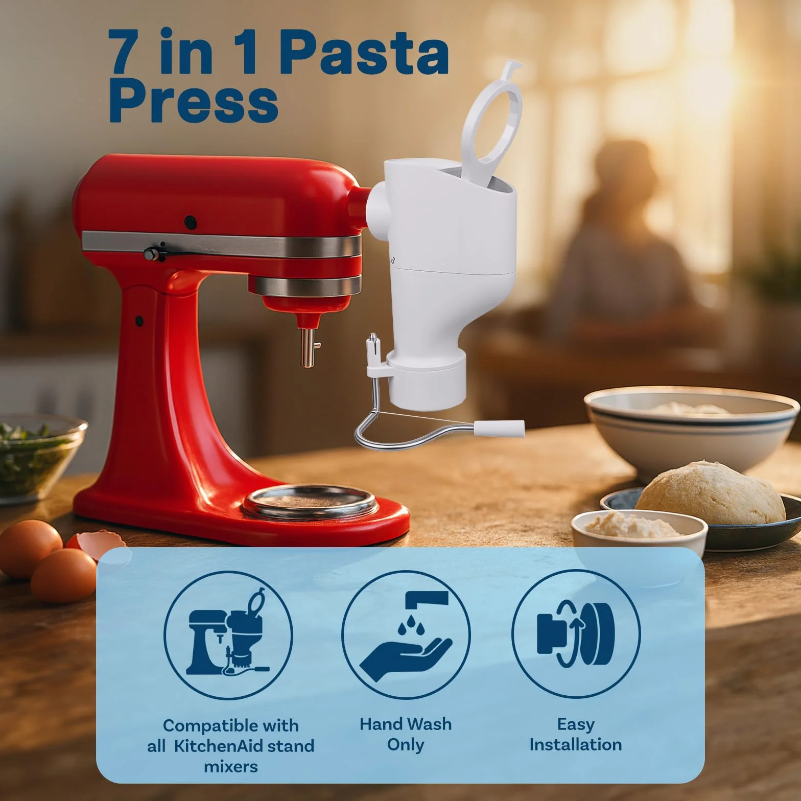 Prasa do Makaronu do Mikserów do KitchenAid od MMOBIEL – 7-w-1 Maszynka do Makaronu z 7 Wymiennymi Talerzami do Fusilli, Rigatoni, Spaghetti, Bucatini, Fettuccine i Makaronu Kolanka – Łatwa Instalacja