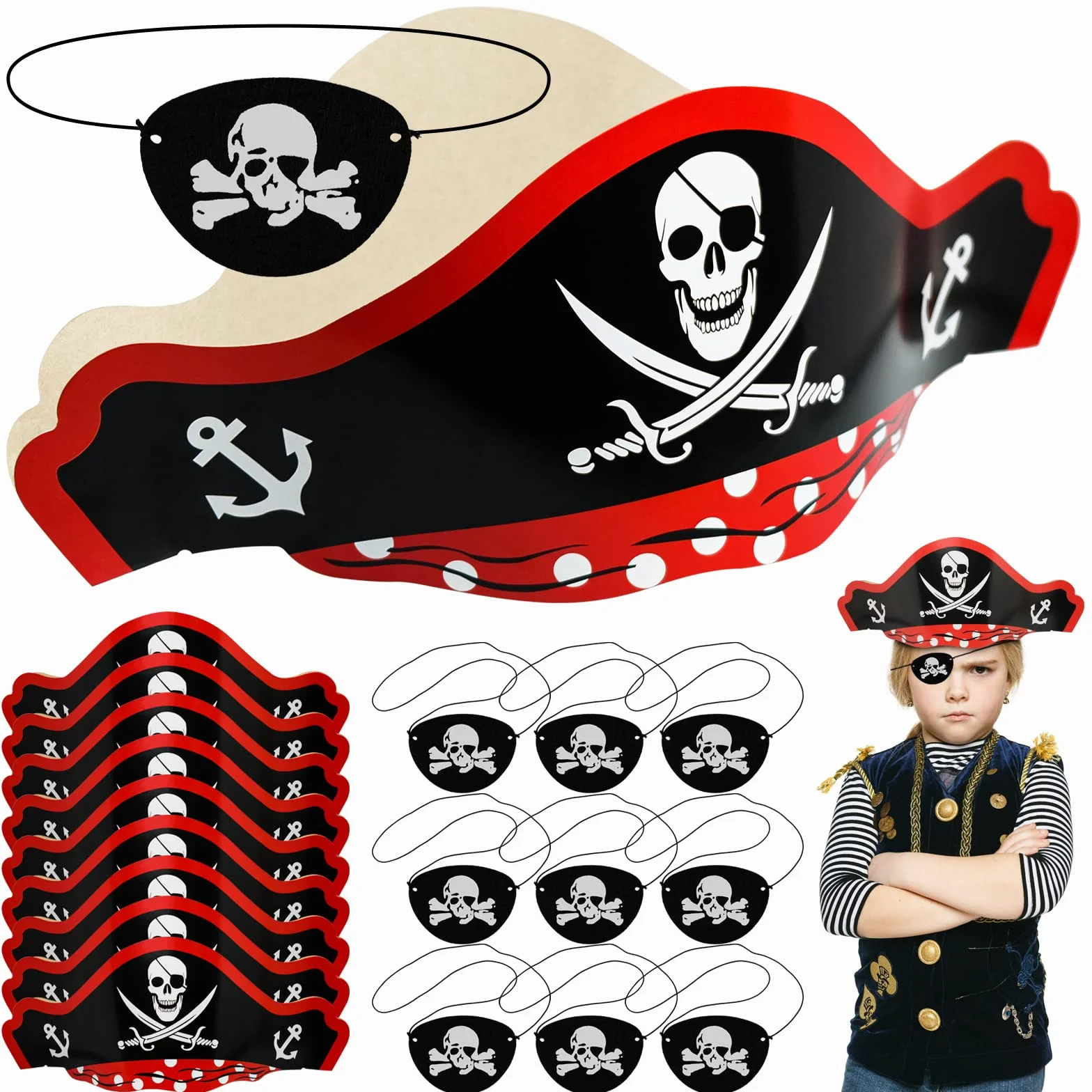 20 sztuk kapelusza pirackiego dla dzieci, zestaw na urodziny pirata, 10 sztuk pirackich czapek, 10 sztuk pirackich akcesoriów na Wielkanoc, Halloween, Boże Narodzenie, maskaradę, imprezę