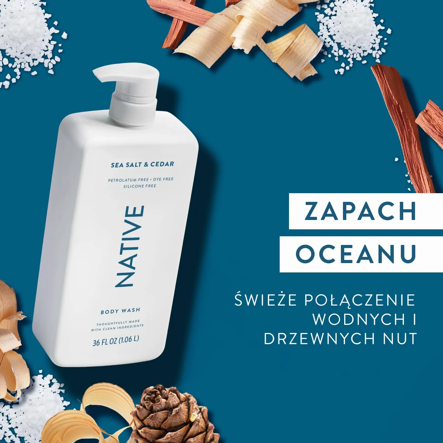 Native Żel pod prysznic i płyn do mycia ciała dla kobiet i mężczyzn, bez siarczanów i barwników, mydło do ciała o zapachu soli i cedru, delikatnie oczyszcza składnikami roślinnymi (1000 ml)