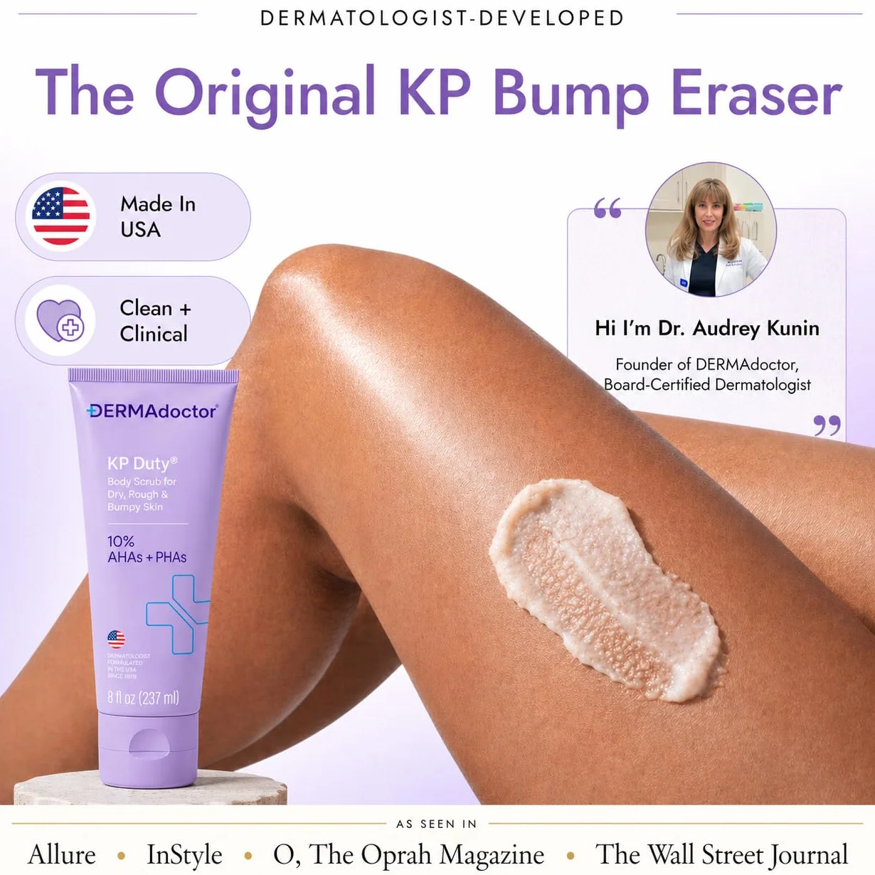 DERMAdoctor KP Duty Body Scrub opracowany dermatologicznie peeling do keratozy Pilaris i suchej, szorstkiej, wyboistej skóry z 10% AHA + PHA (237 ml)