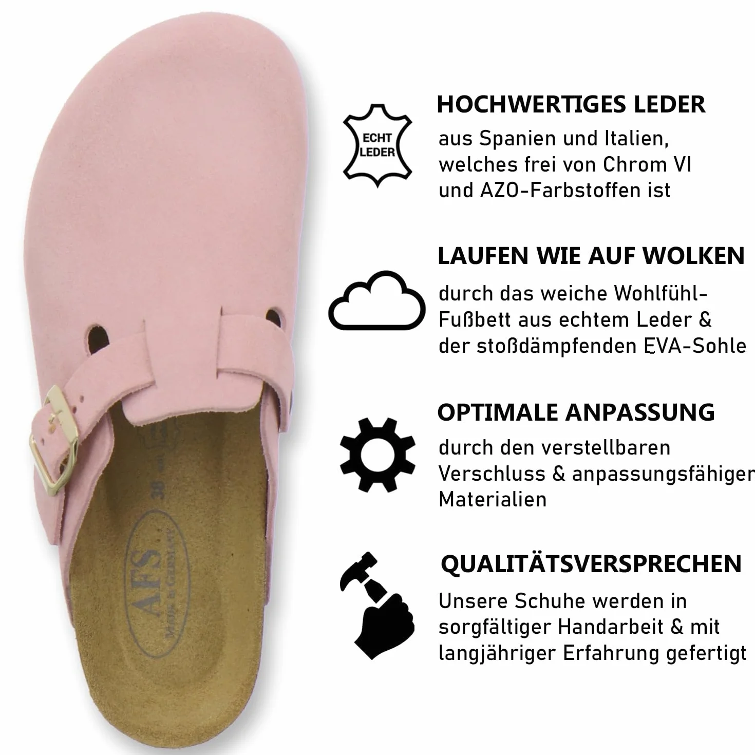 AFS-Schuhe 2900, wygodne damskie kapcie zamknięte, chodaki dla kobiet ze skóry, Made in Germany