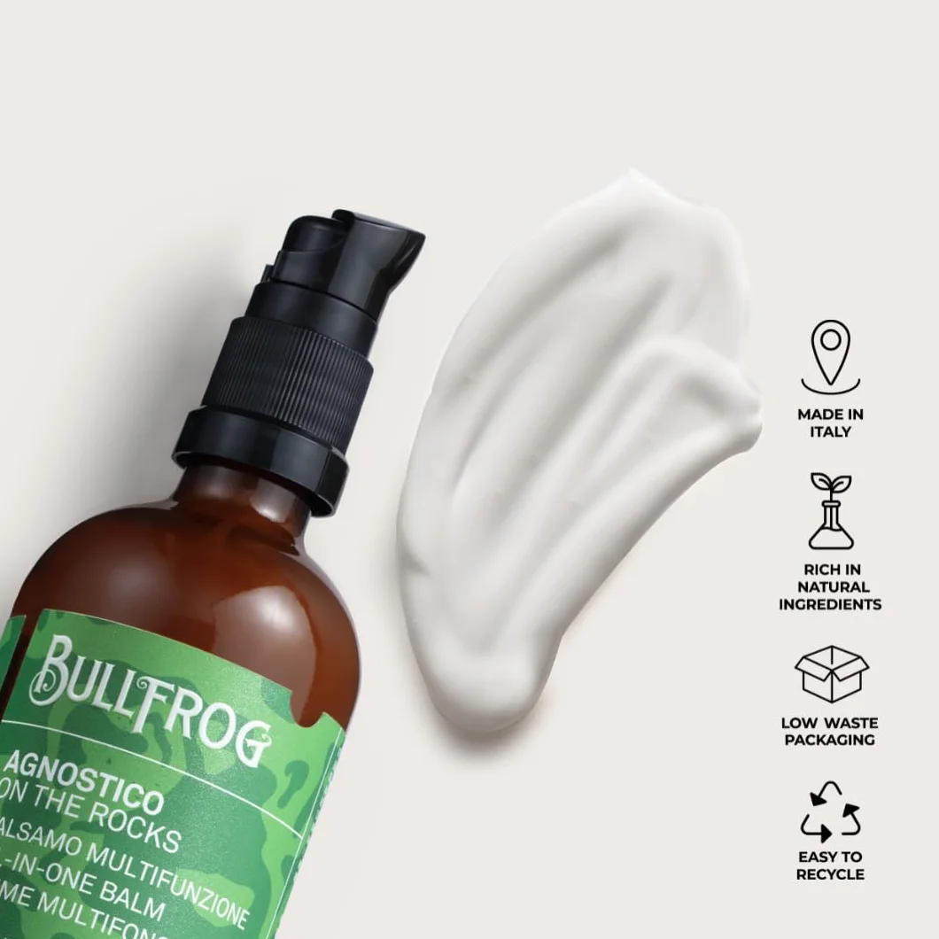 Bullfrog - Agnostico On The Rocks wielofunkcyjny balsam do brody i włosów, krem balsamowy o zapachu oud i anyżu, pielęgnuje, nawilża, uspokaja skórę, chroni przed podrażnieniami, 100 ml
