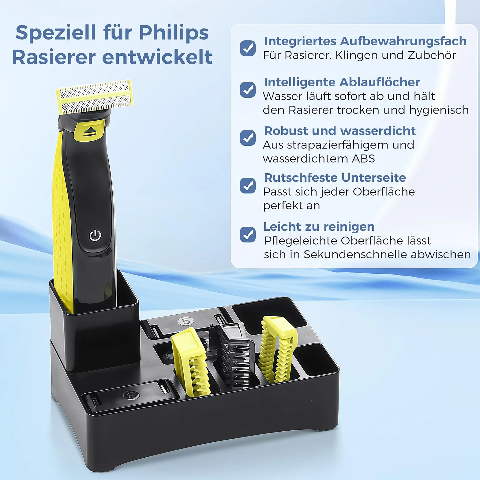 Stojak do golenia Philips Oneblade z 9 przegródkami i otworem odpływowym ---organizer na blat roboczy na golarki, głowice i akcesoria (golarka i akcesoria nie wchodzą w zakres dostawy)