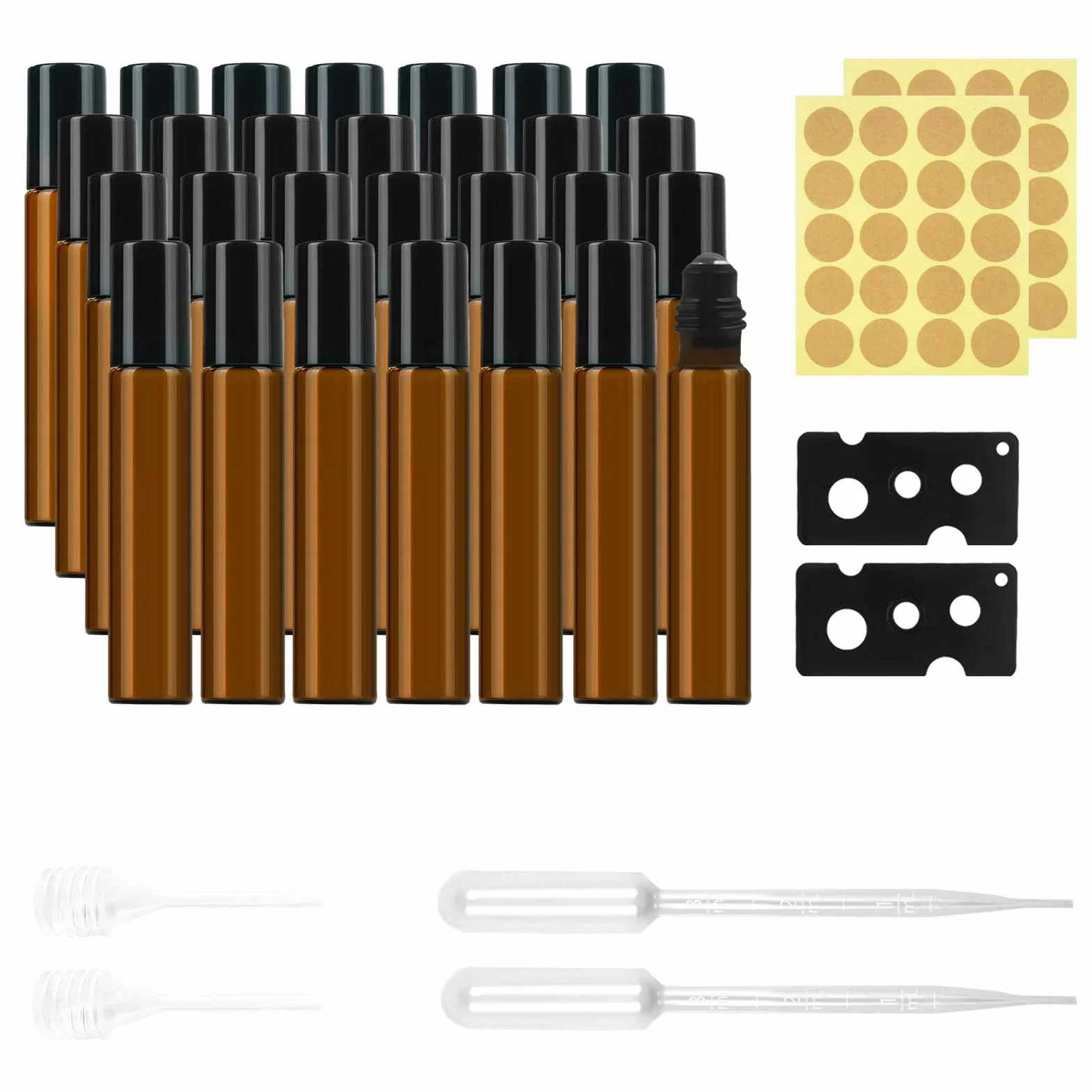 28 szt. Roll on pusta butelka 10 ml, 40 naklejek na etykiety, 2 pipety, 2 pasteryzowane zakraplacze, 2 otwory, olejki eteryczne, brązowe butelki