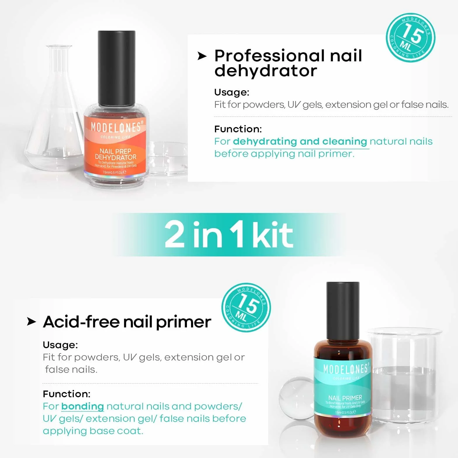 Modelones Primer do paznokci żelowych, 15 ml, profesjonalny odwodniacz do paznokci i bez kwasu, naturalny Air Dry Superior Bonding Primer zestaw do paznokci, żel UV, lakier do paznokci dip puder,